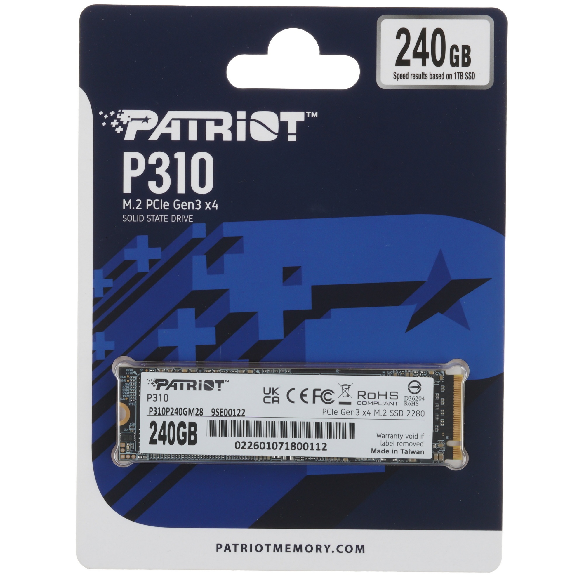 Накопитель SSD Patriot P310, 240GB, PCIe 3.0 x4, M.2 2280, NVMe, R/W 1700/1000