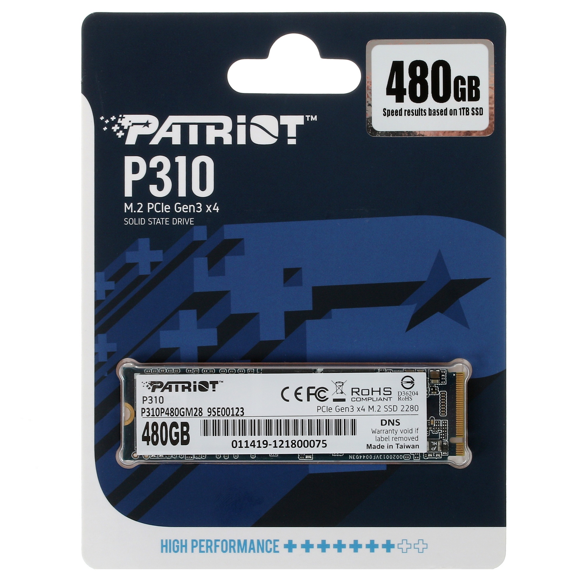 Накопитель SSD Patriot P310, 480GB, PCIe 3.0 x4, M.2 2280, NVMe, R/W 1700/1500