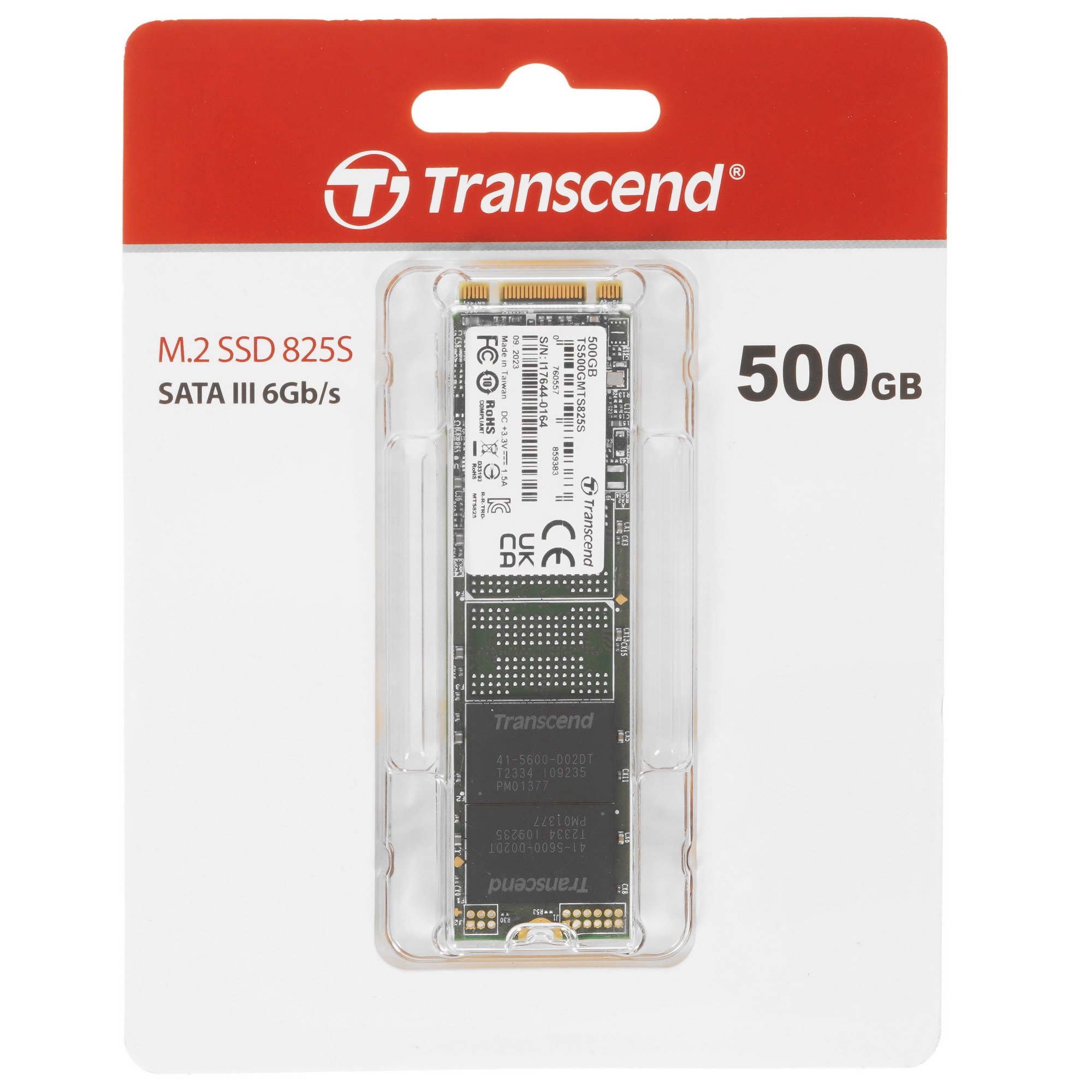Накопитель SSD M.2 Transcend 500Gb MTS825  (SATA3, up to 530/480MBs, 3D NAND, 180TBW,