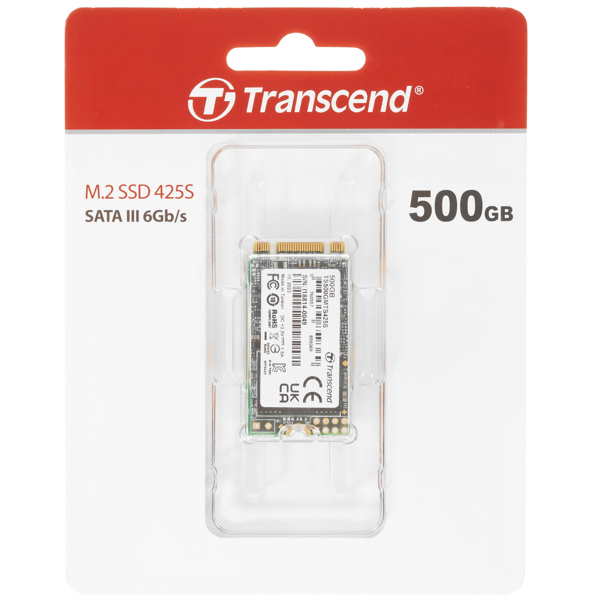 Накопитель SSD M.2 Transcend 500Gb MTS425 TS500GMTS425S (SATA3, up to 530/480MBs, 3D NAND, 180TBW, 2