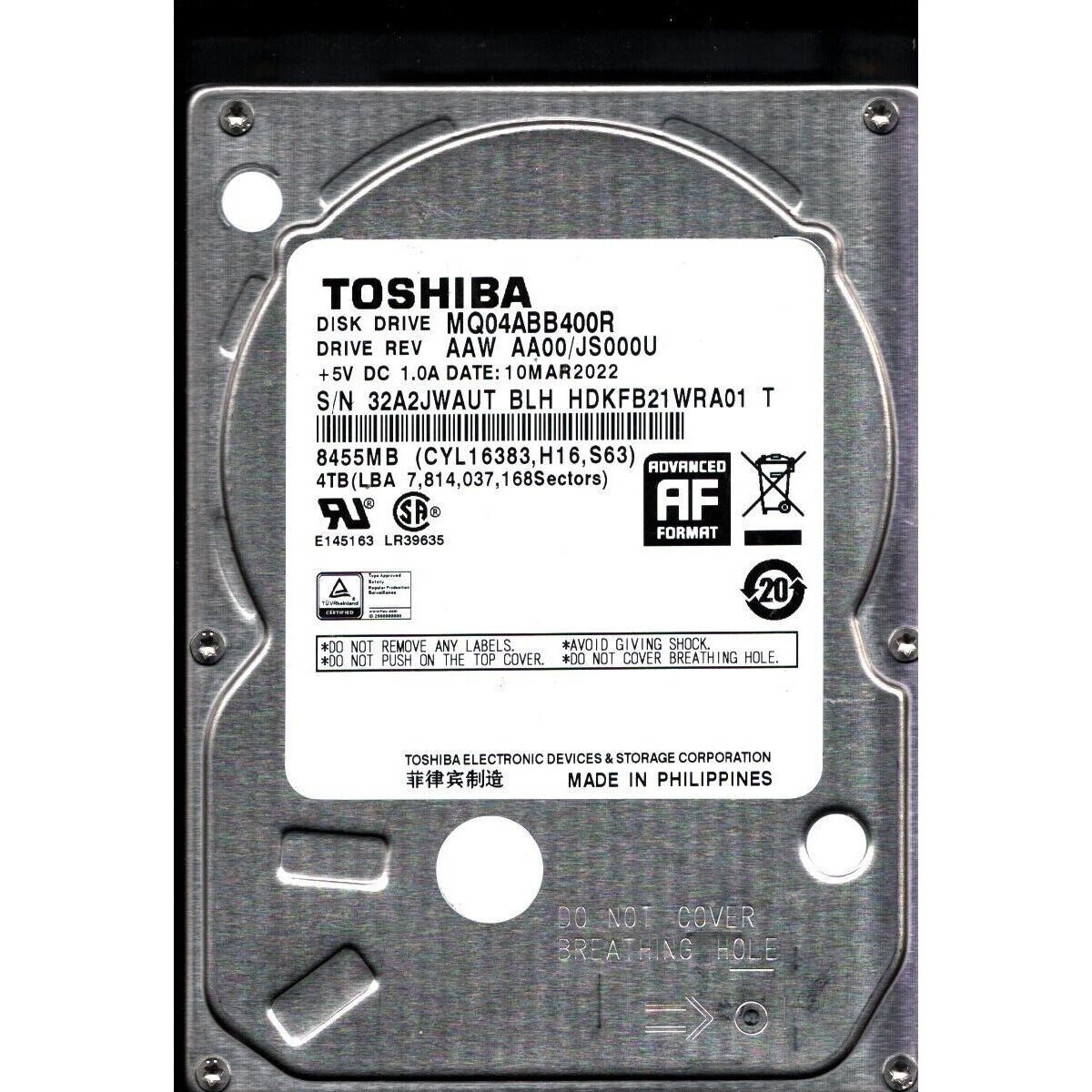 Жесткий диск Toshiba SATA 4TB 2.5" 6.0 Gbit/s 15mm 5400 rpm 128Mb OFFICIAL RECERTIFIED 1 year warran