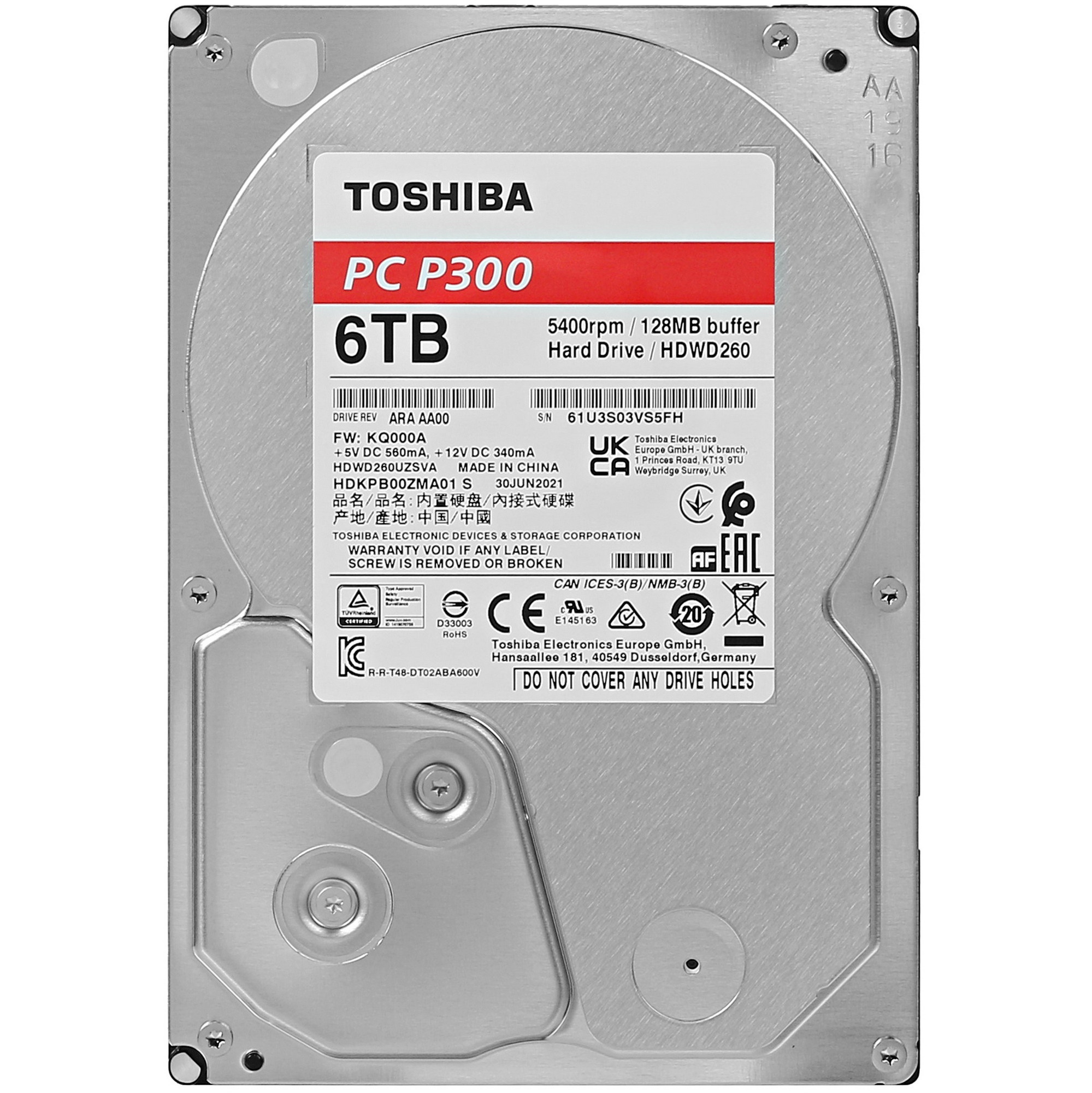 Жесткий диск Toshiba SATA-III 6Tb HDWD260UZSVA P300 (5400rpm) 128Mb 3.5"