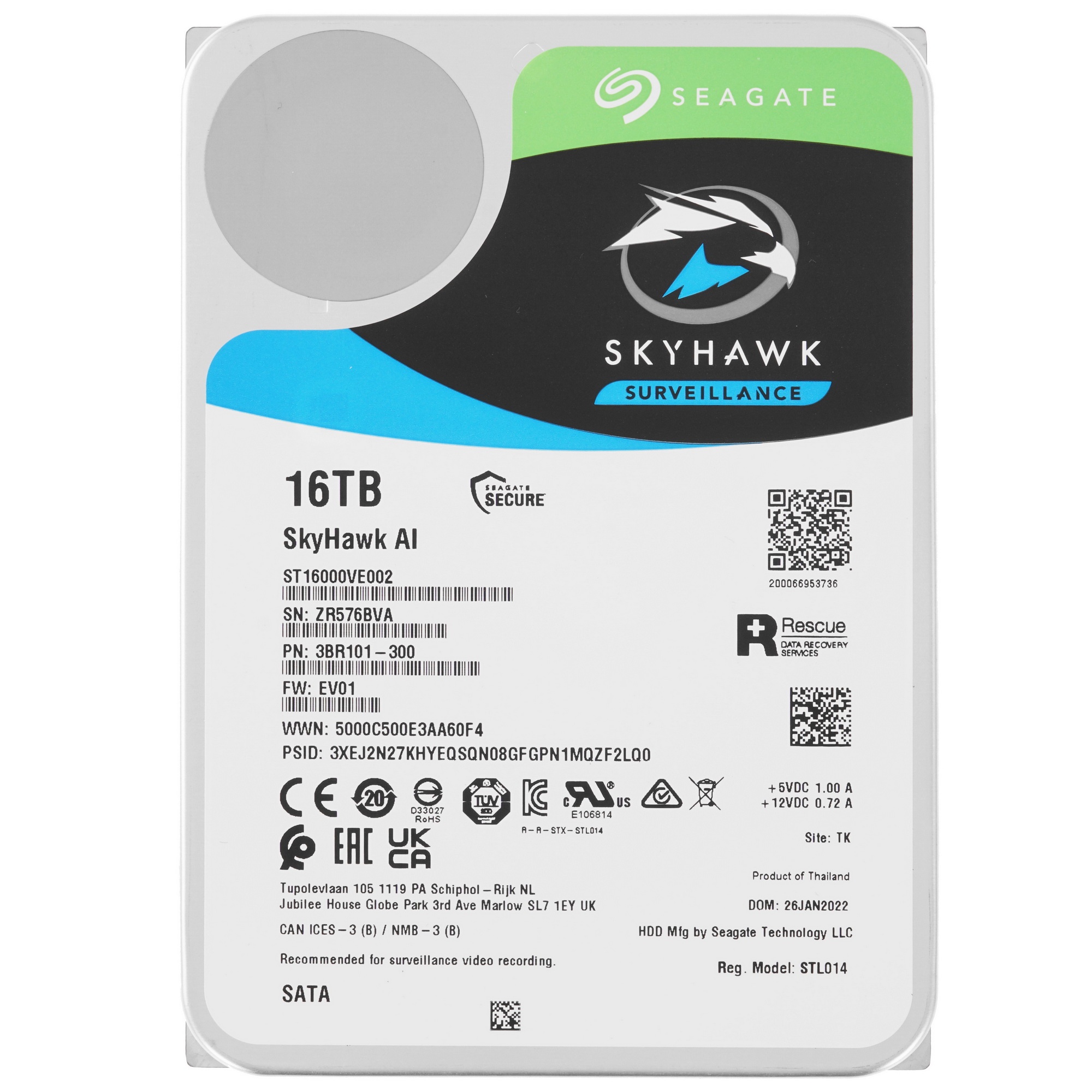 Жесткий диск SEAGATE SATA 16TB 7200RPM 6GB/S 256MB ST16000VE002