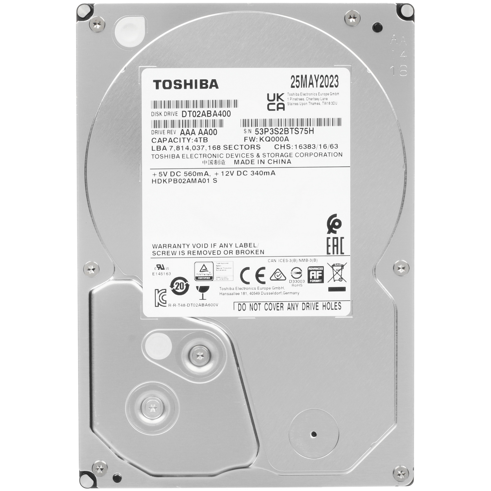 Жесткий диск Toshiba Desktop HDD 3.5" SATA 4Tb, 5400rpm, 128MB buffer, 512e, SMR, DT02ABA400, 1 year