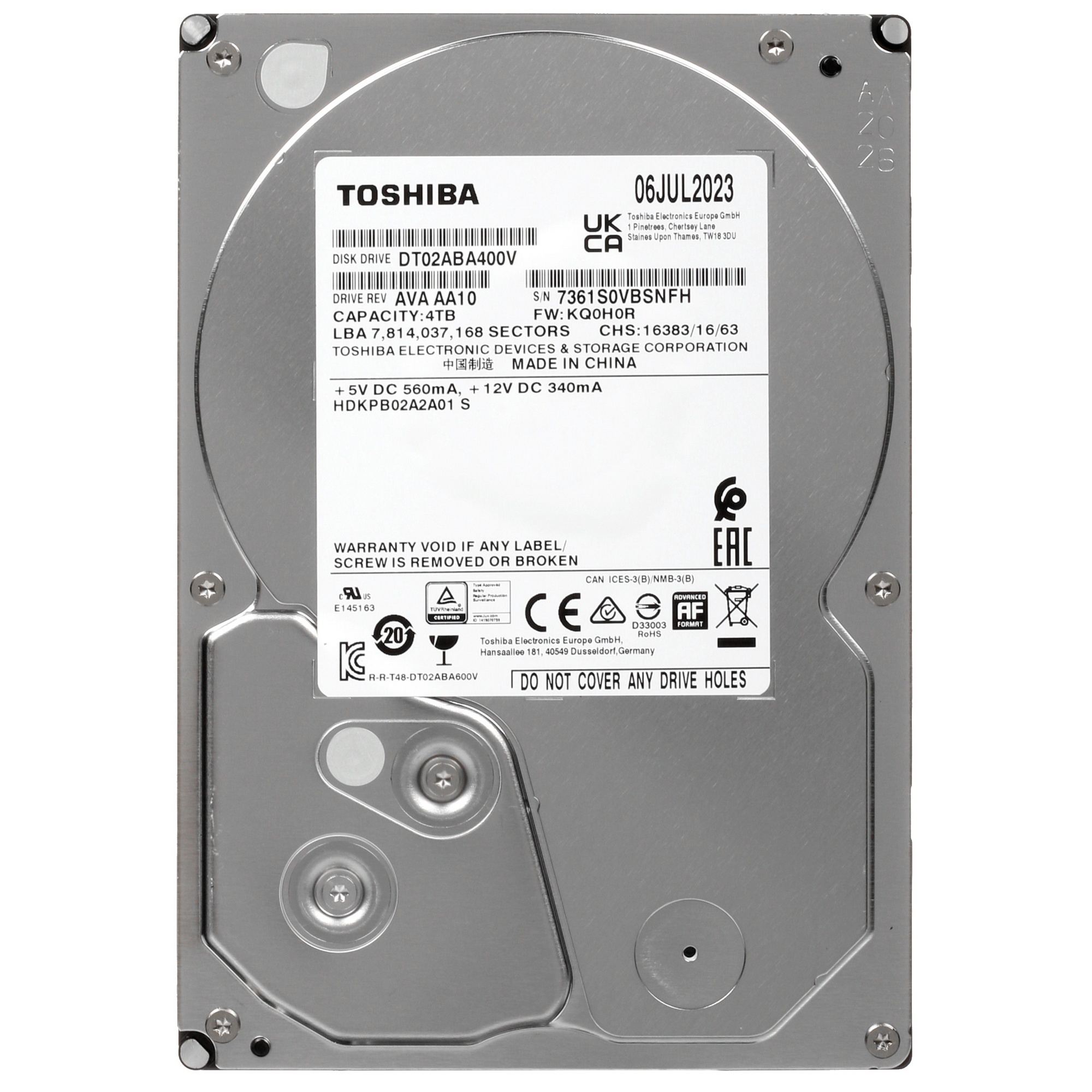 Жесткий диск Toshiba Surveillance HDD 3.5" SATA 4Tb, 5400rpm, 128MB buffer, 512e, SMR, DT02ABA400V,