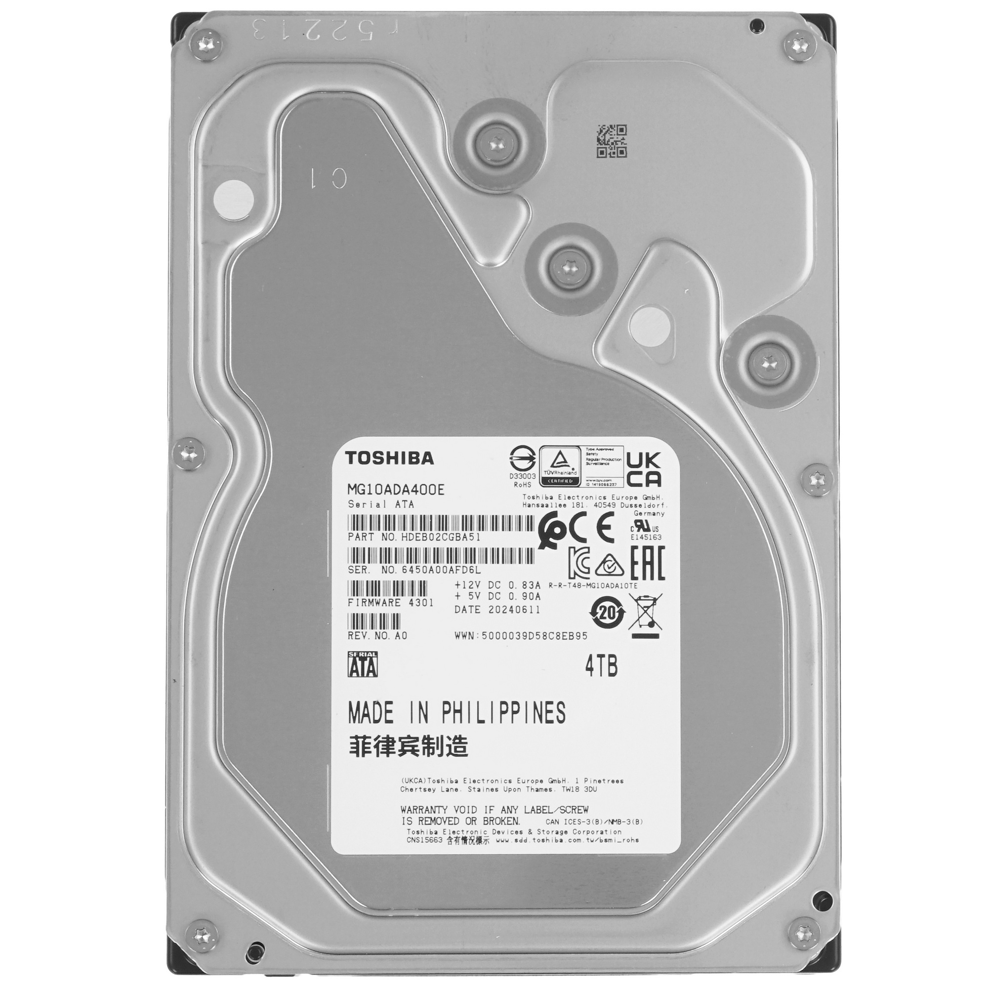 Жесткий диск Toshiba Enterprise HDD 3.5" SATA 4TB, 7200 rpm, 512MB buffer, 512e/4Kn, MG10ADA400E, 1