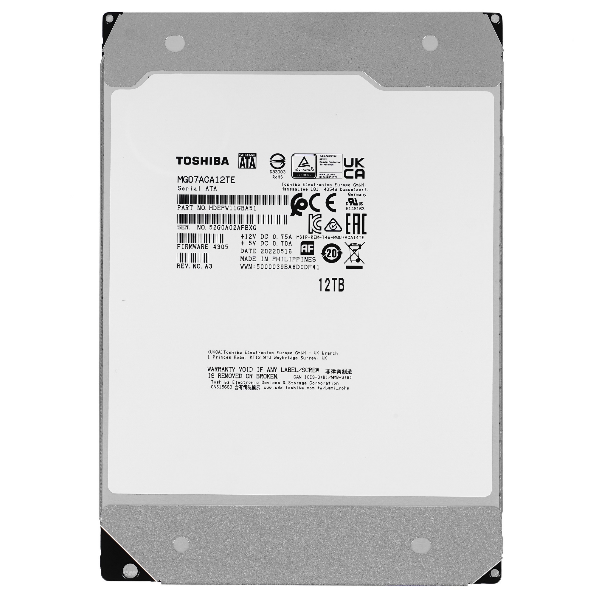 Жесткий диск HDD Toshiba SATA 12Tb 3.5" Server 7200 6Gbit/s 256Mb