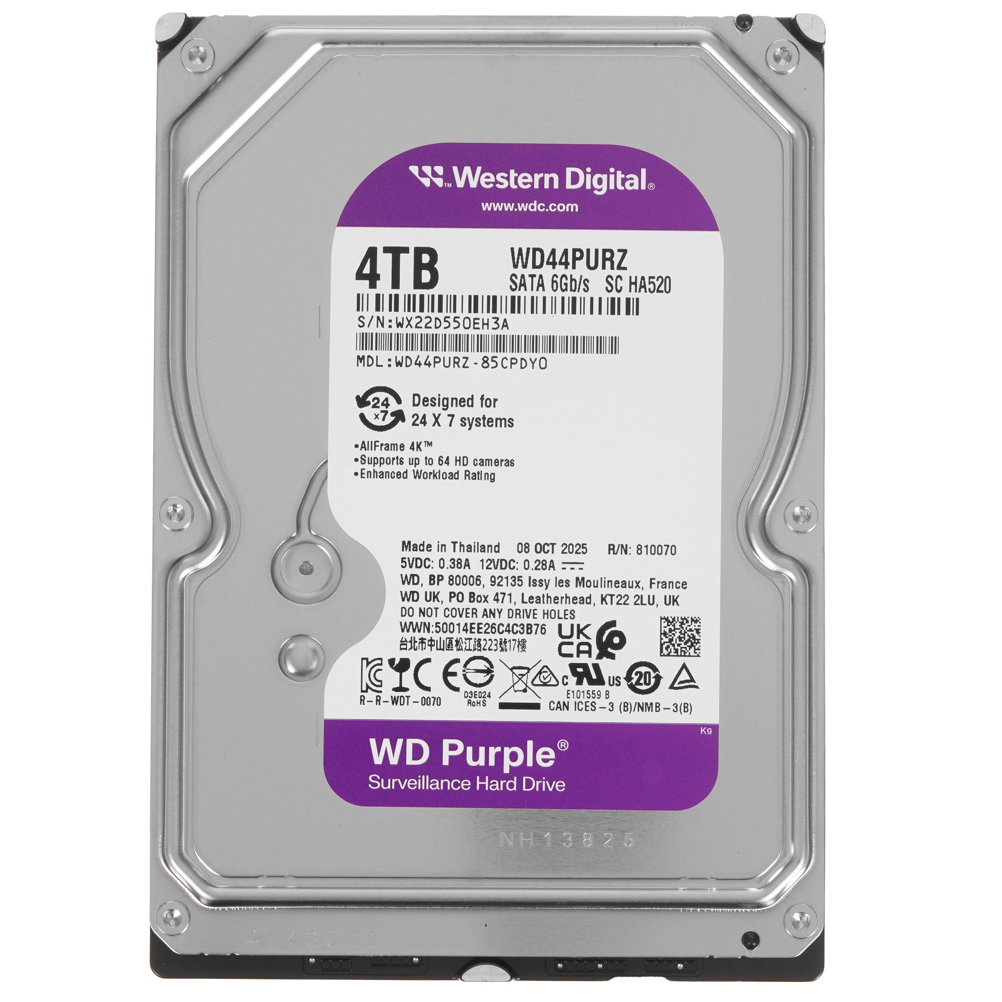Жесткий диск Western Digital 4TB WD44PURZ Purple Pro Surveillance, Cache 128MB