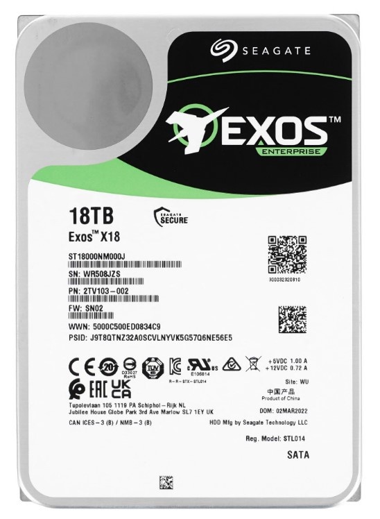Жесткий диск SATA 18TB EXOS X18 7200RPM 6GB/S 256MB ST18000NM000J SEAGATE OFFICIAL FACTORY RECERTIFI