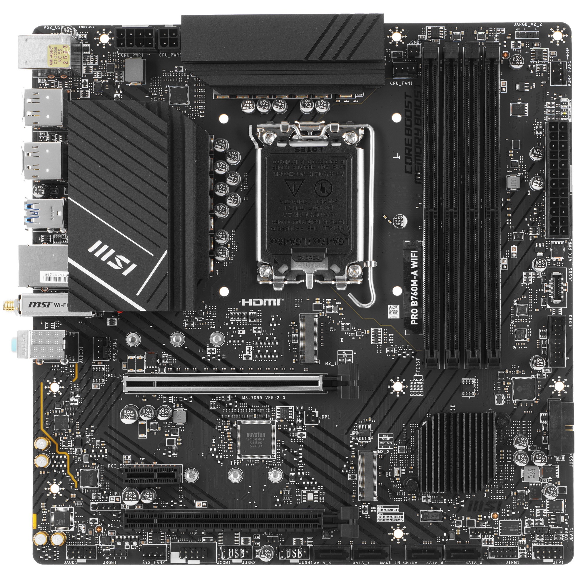 Материнская плата MSI PRO B760M-A WIFI, LGA 1700, Intel B760, 4xDDR5, 4xSATA, 2xM.2, 1xPCI-E 4.0 x16