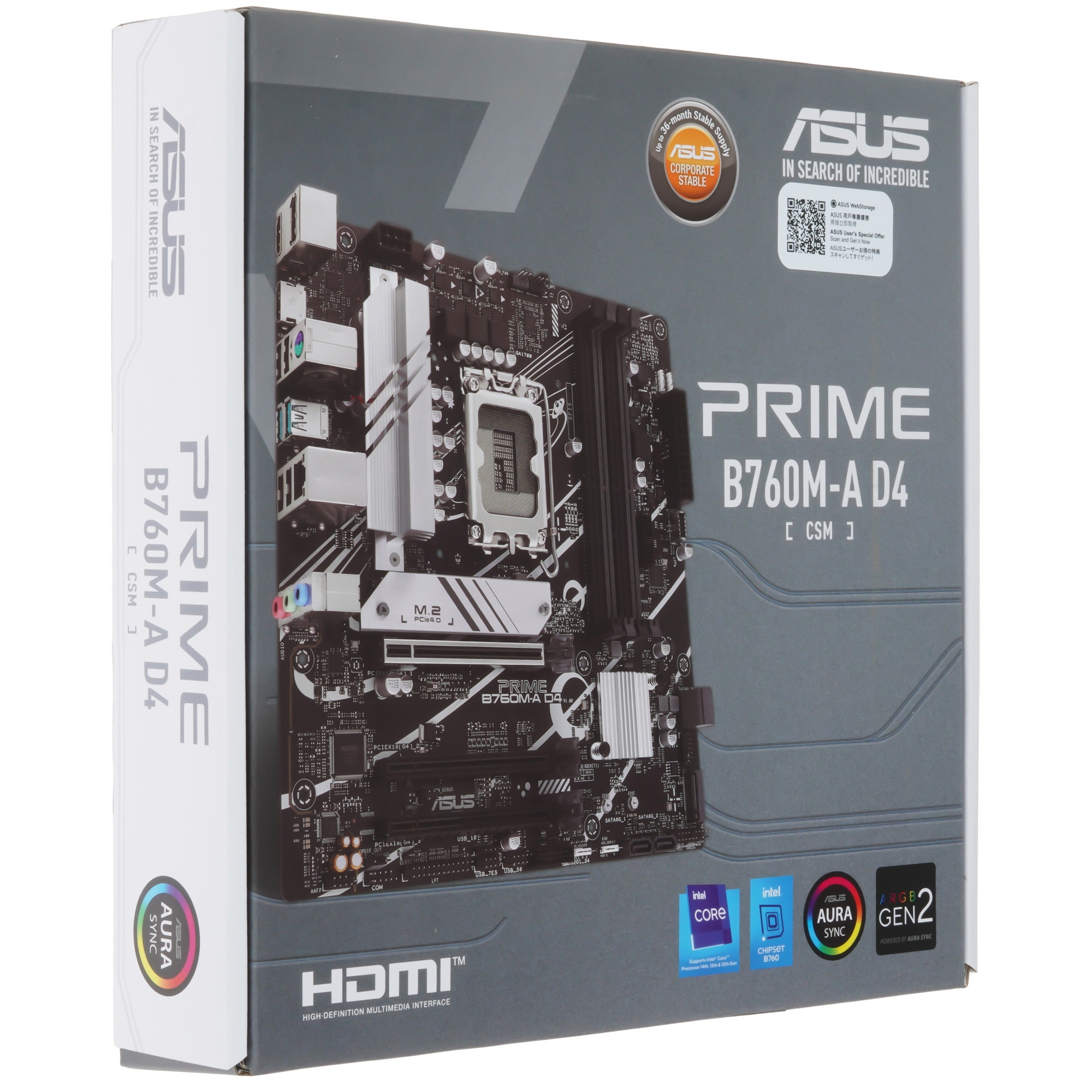 Материнская плата ASUS PRIME B760M-A D4-CSM, LGA 1700, Intel B760, 4xDDR4, 4xSATA, 2xM.2, 3xPCIe 4.0