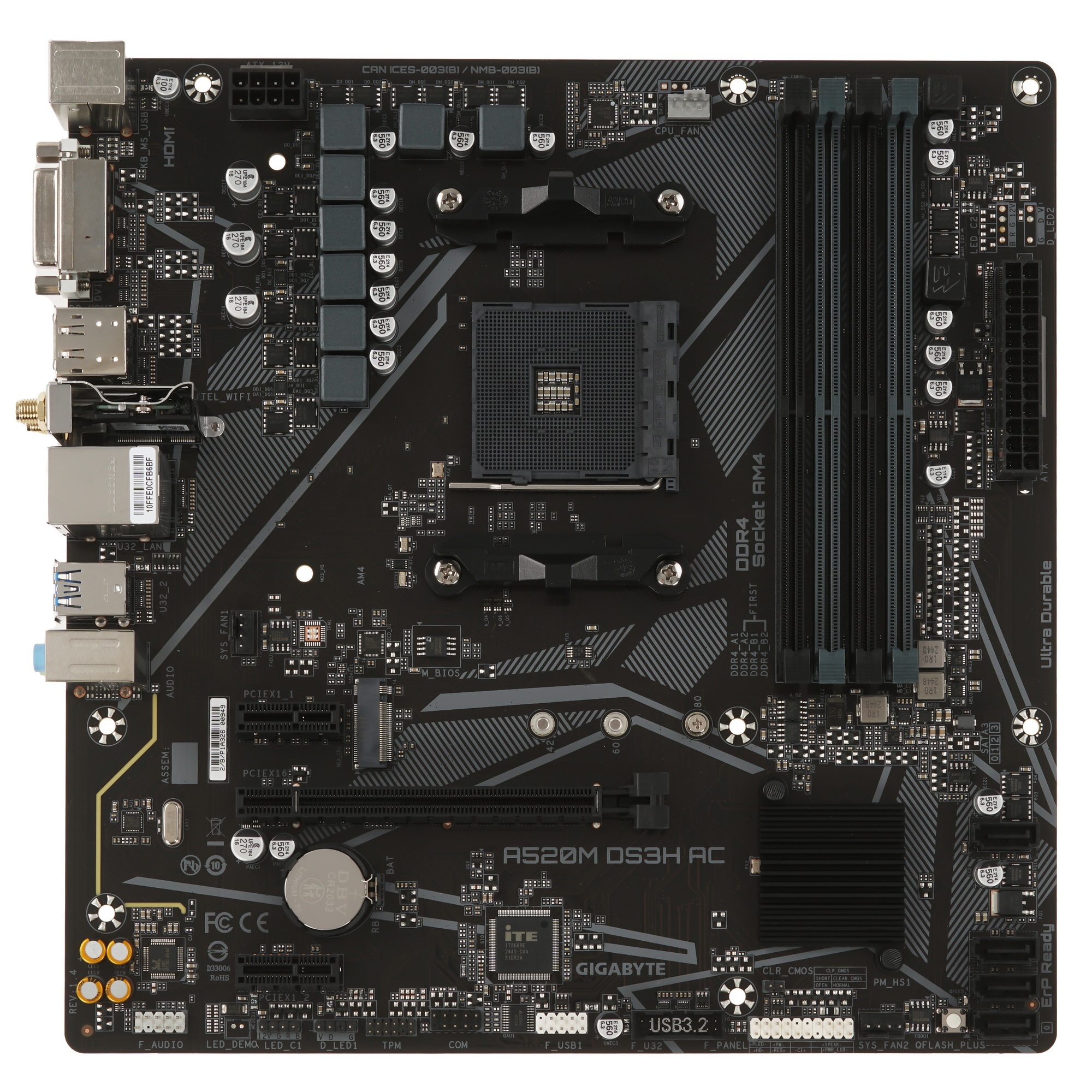 Материнская плата Gigabyte A520M DS3H AC, AM4, AMD A520, 4xDDR4, 4xSATA, 1xM.2, 1xPCIe 3.0 x16, 2xPC
