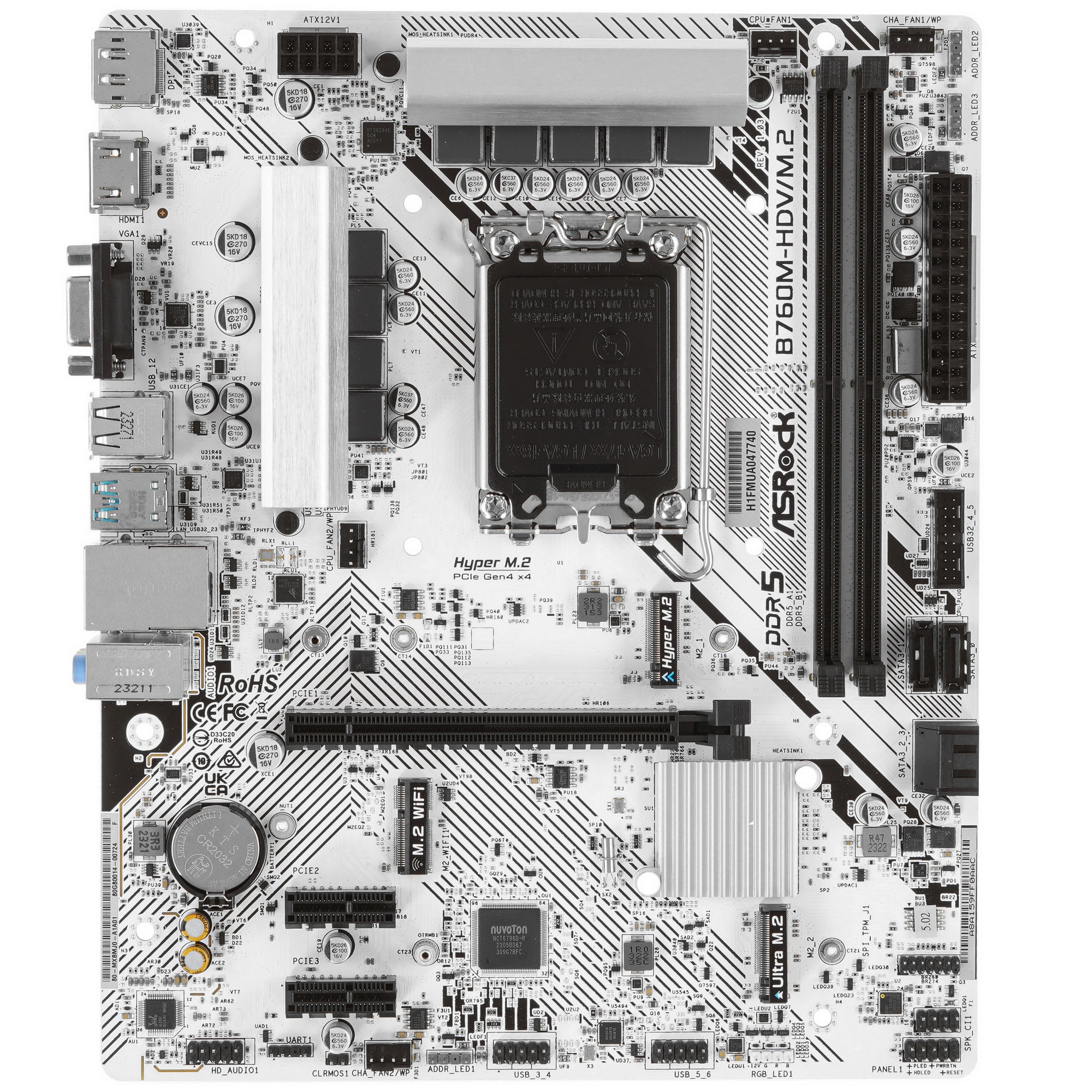 Материнская плата ASRock B760M-HDV/M.2, LGA 1700, Intel B760, 2xDDR5, 4xSATA, 2xM.2, 1xPCI-E 4.0 x16