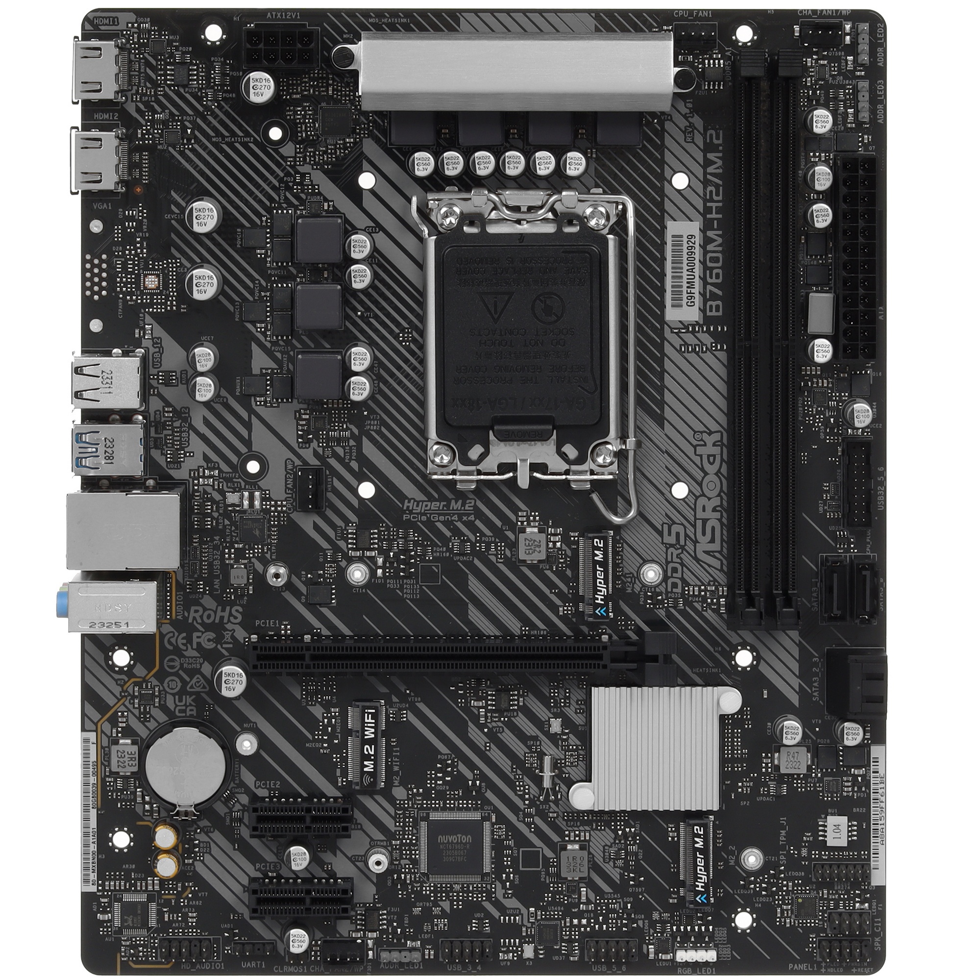Материнская плата ASRock B760M-H2/M.2, LGA 1700, Intel B760, 2xDDR5, 4xSATA, 2xM.2, 1xPCIe 4.0 x16,