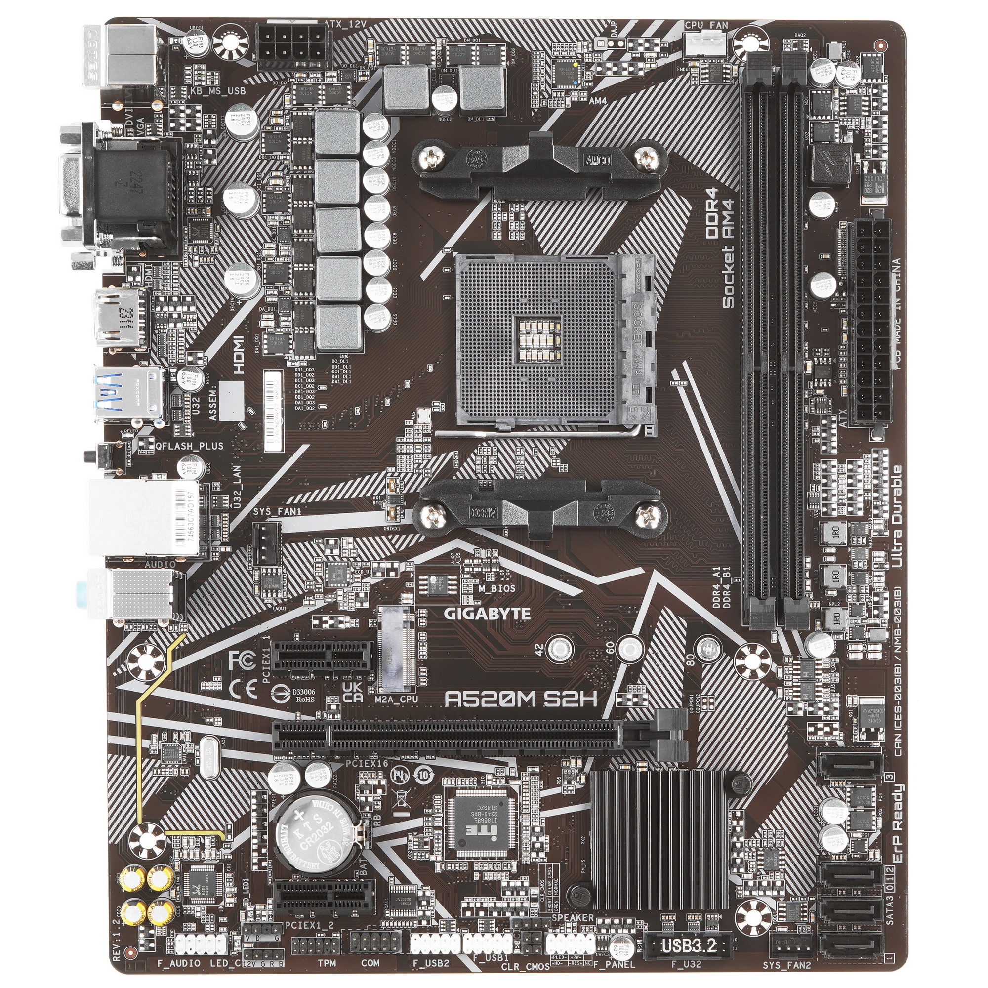 Материнская плата Gigabyte A520M S2H, AM4, AMD A520, 2xDDR4, 4xSATA, 1xM.2, 1xPCIe 3.0 x16, 2xPCIe x