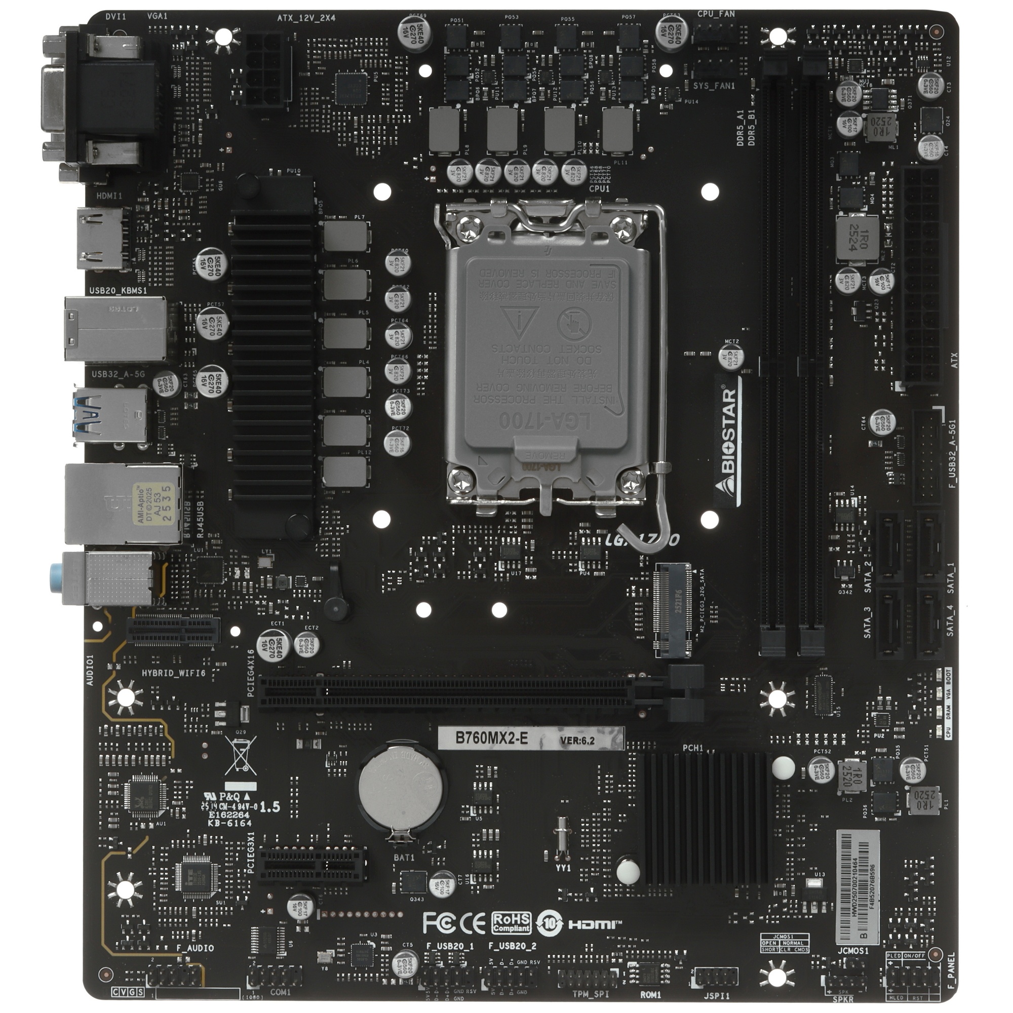 Материнская плата Biostar B760MX2-E, LGA 1700, Intel B760, 2xDDR5, 4xSATA, 1xM.2, 1xPCIe 4.0 x16, 1x
