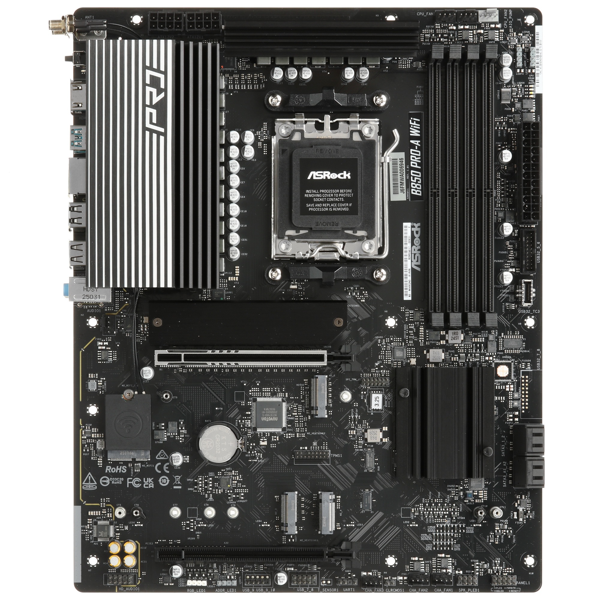 Материнская плата ASROCK B850 PRO-A WIFI, AM5, B850, 4*DDR5, 4*SATA, 4*M.2, 6*USB 2.0, 4*USB 3.2, 2*
