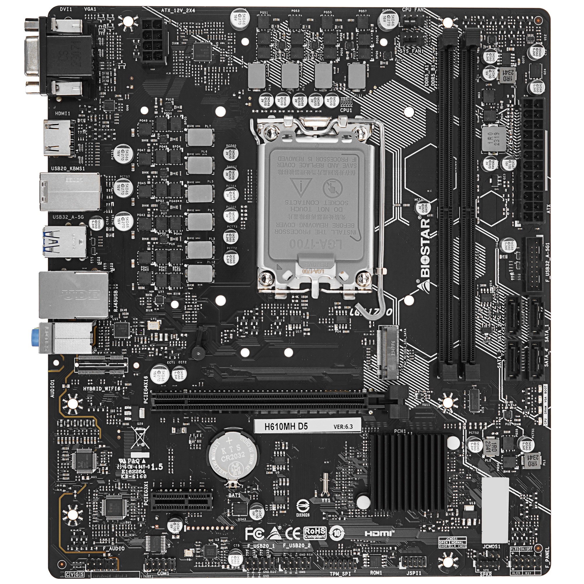 Материнская плата Biostar H610MH D5, LGA 1700, Intel H610, 2xDDR5, 4xSATA, 1xM.2 PCIe 3.0 x4, 1xPCIe