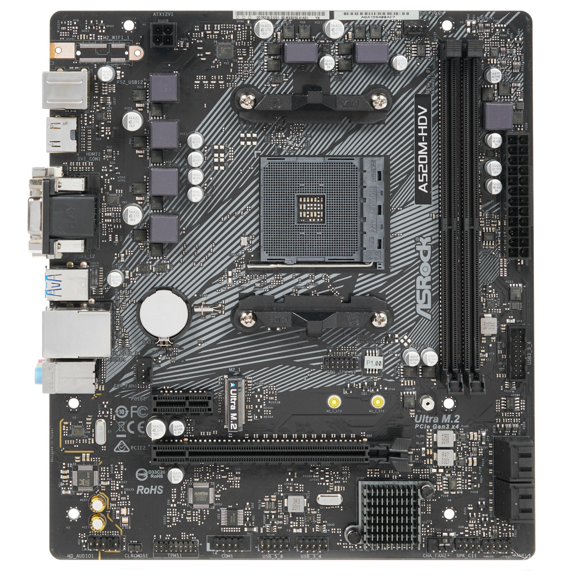 Материнская плата ASRock A520M-HDV, AM4, AMD A520, 2xDDR4, 4xSATA, 1xM.2, 1xPCIe 3.0 x16, 1xPCIe 3.0