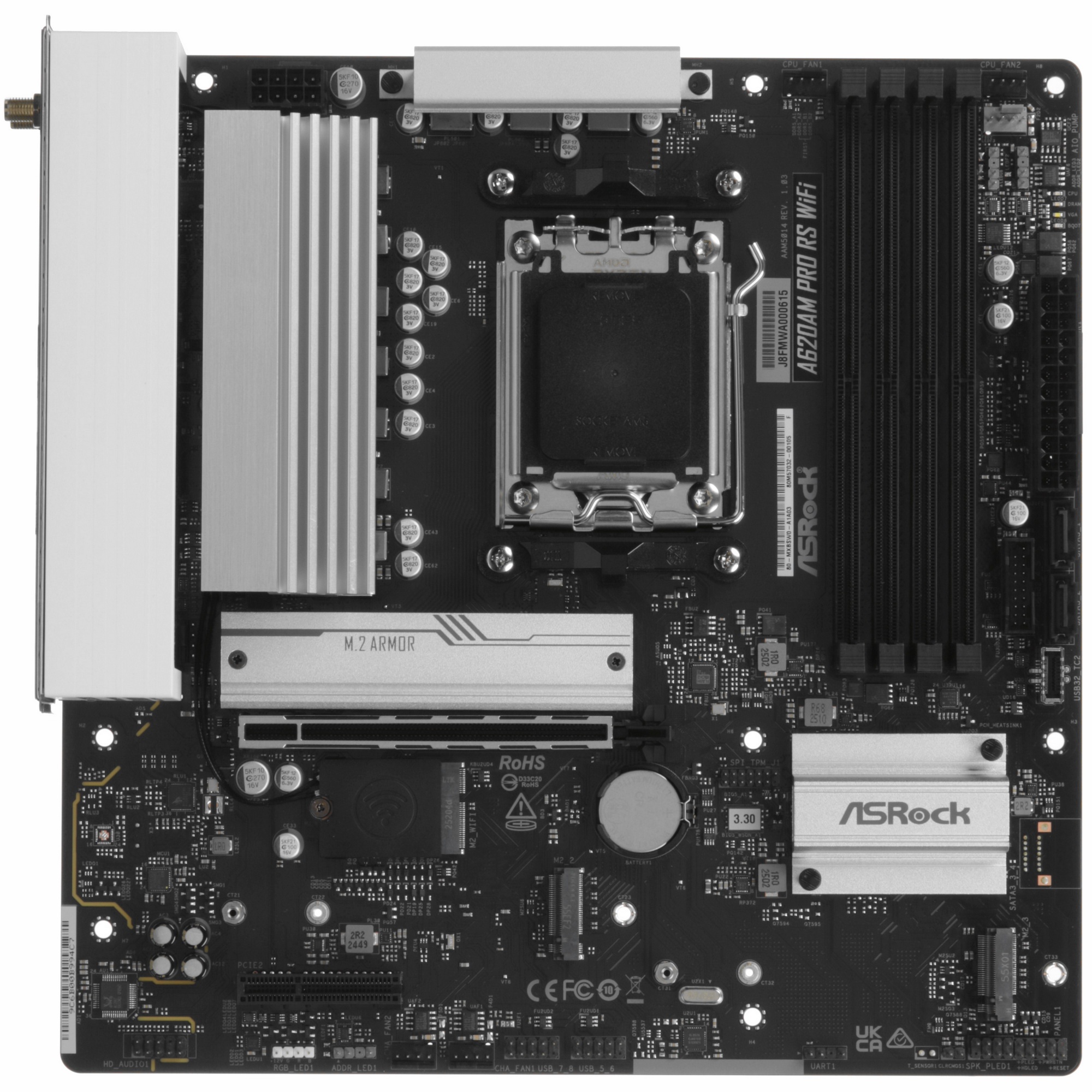 Материнская плата ASROCK A620AM Pro RS WiFi, AM5, AMD A620, 4xDDR5, 2xSATA, 3xM.2, 1xPCIe 4.0 x16, 1