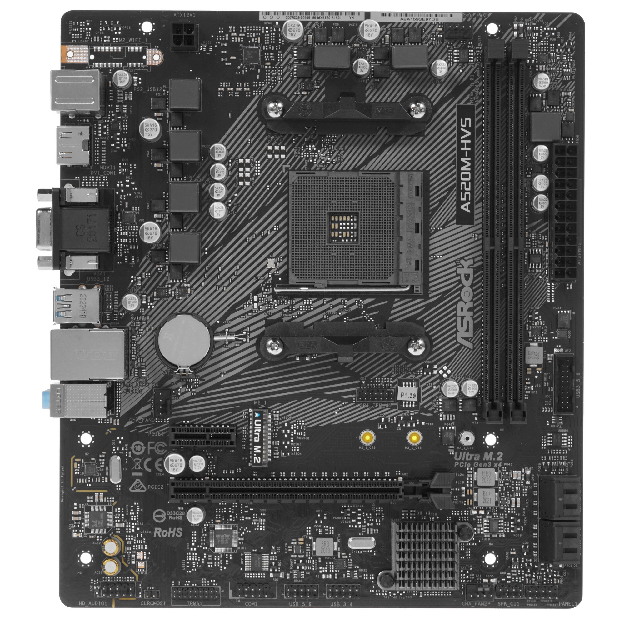 Материнская плата ASRock A520M-HVS, AM4, AMD A520, 2xDDR4, 4xSATA, 1xM.2, 1xPCIe 3.0 x16, 1xPCIe 3.0