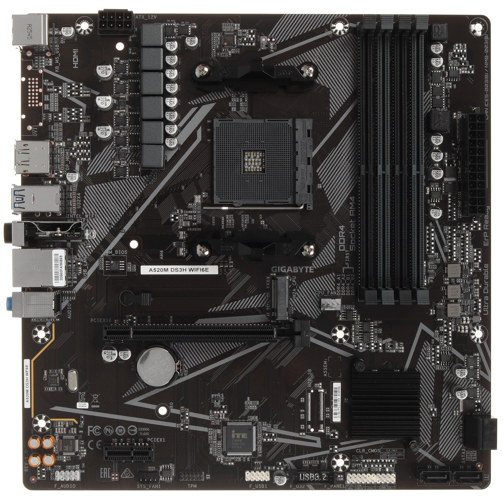 Материнская плата Gigabyte A520M DS3H WF6E A520, AM5, 4xDDR4, 1*PCI-Ex16,4*M.2, 6*USB3.2Gen1, 8*USB2