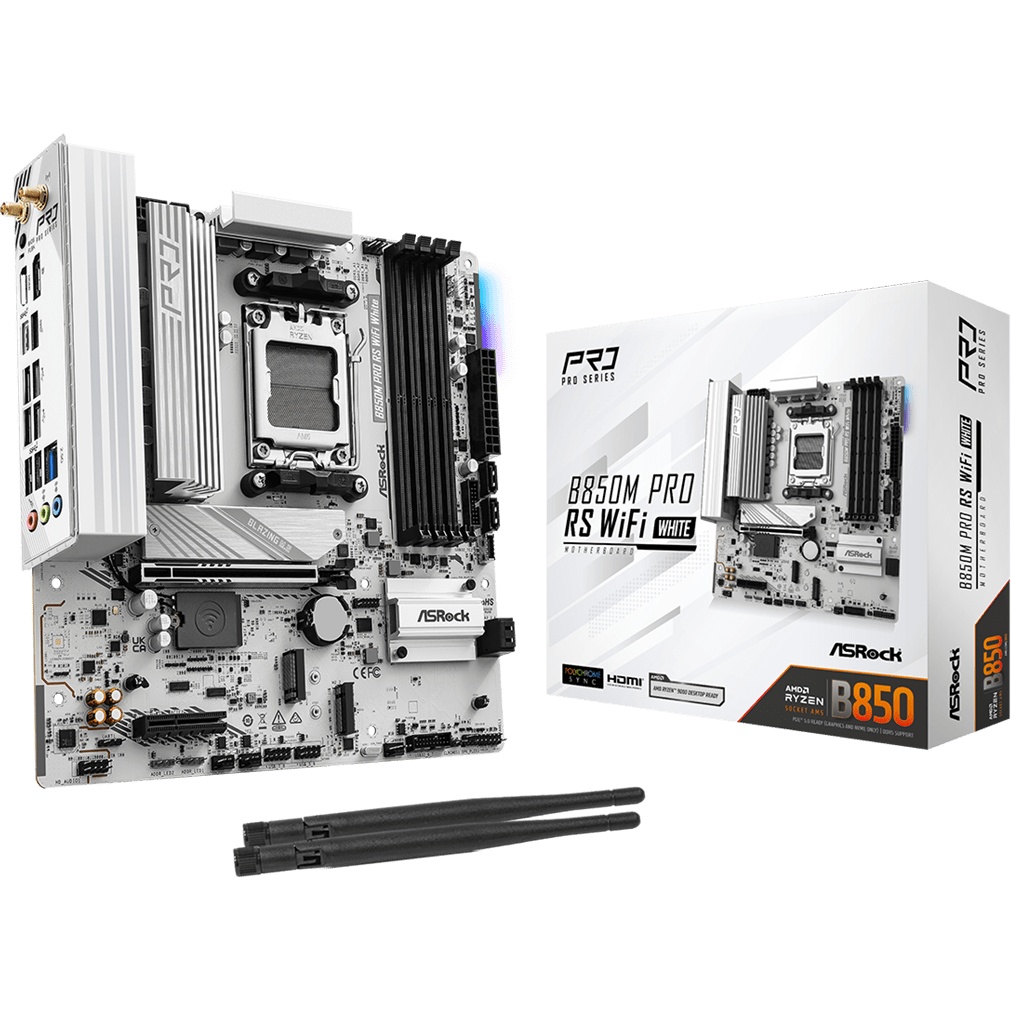 Материнская плата ASROCK B850M PRO RS WIFI WHITE, AM5, B850, 4*DDR5, 4*SATA, 3*M.2, 4*USB 2.0, 3*USB