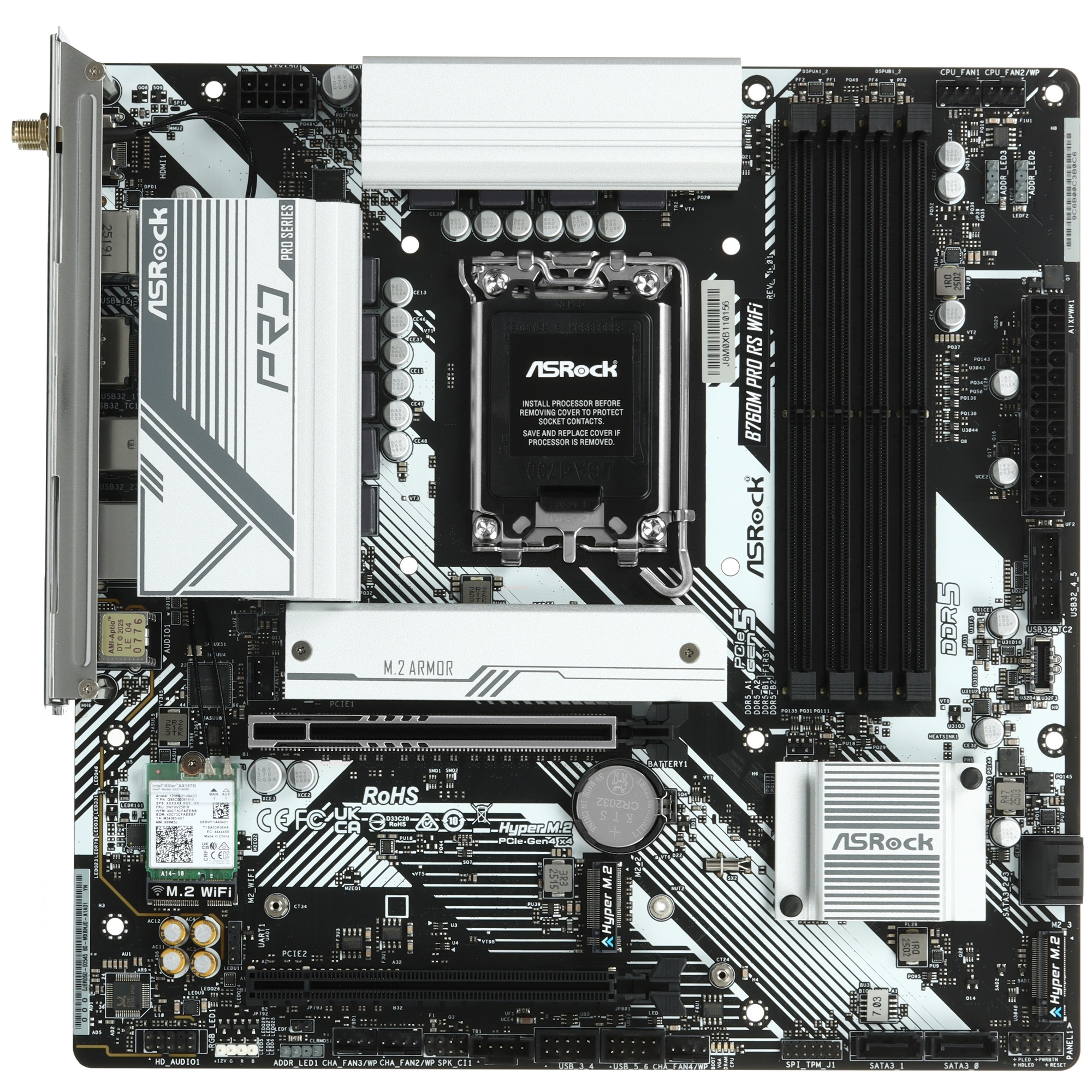 Материнская плата ASROCK B760M PRO RS WIFI, LGA1700, B760, 4*DDR5, 4*SATA, 3*M.2, 3*USB 3.2, 2*USB 2