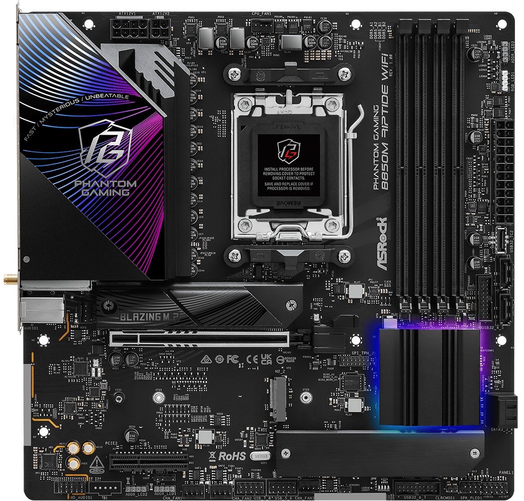 Материнская плата ASROCK B850M RIPTIDE WIFI, AM5, B850, 4*DDR5, 4*SATA, 3*M.2, 4*USB 2.0, 3*USB 3.2,