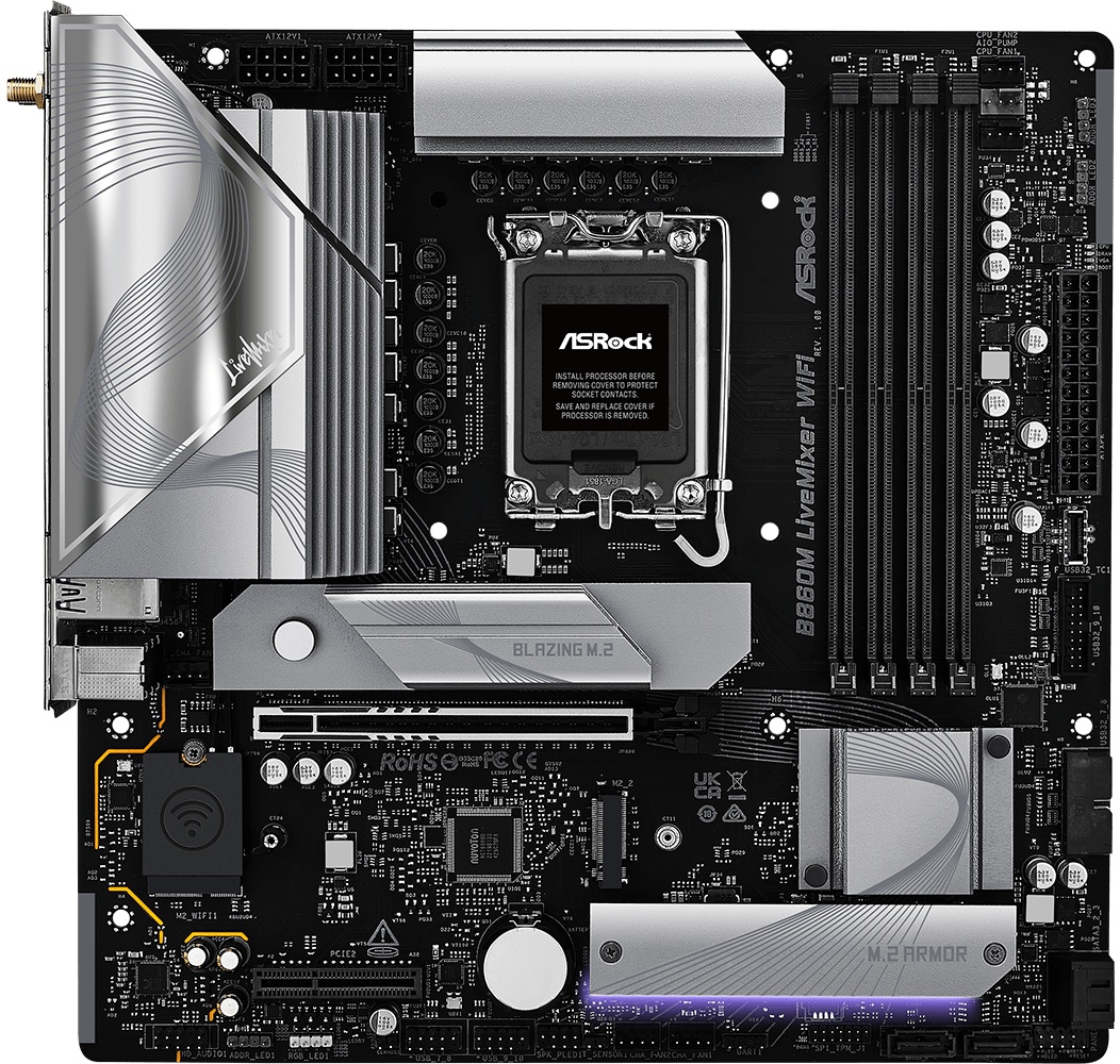 Материнская плата ASRock B860M LiveMixer WiFi, LGA 1851, Intel B860, 4xDDR5, 4xSATA, 3xM.2, 1xPCIe 5