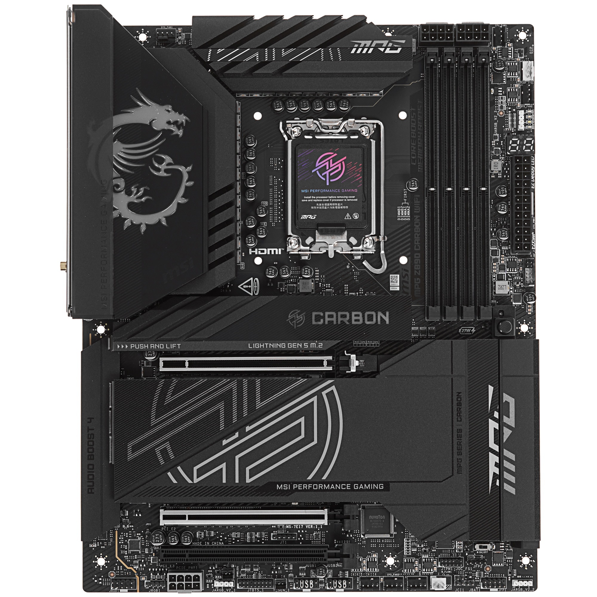 Материнская плата MSI MPG Z890 CARBON WIFI, LGA 1851, Intel Z890, 4xDDR5, 4xSATA, 5xM.2, 1xPCI-E 5.0