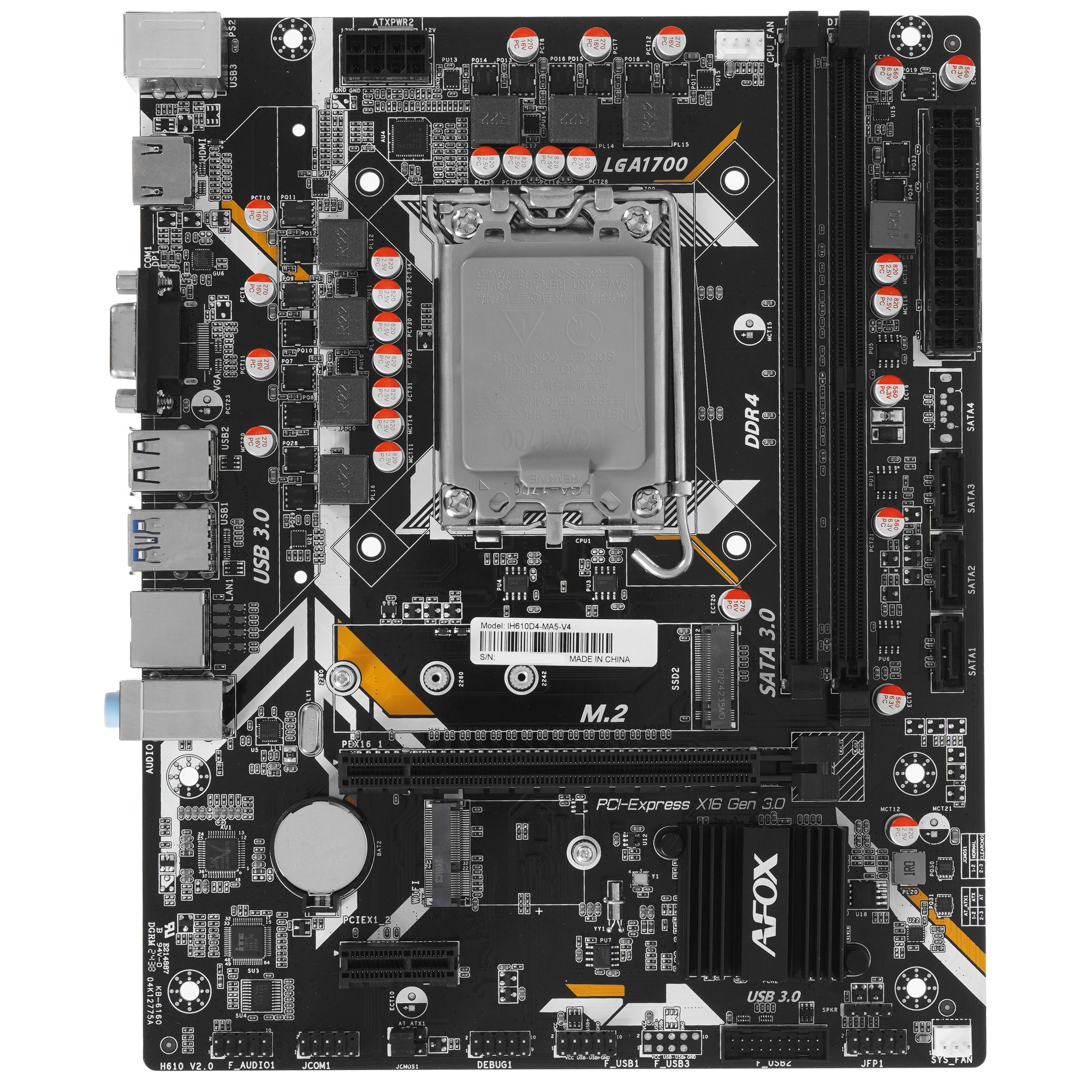 Материнская плата AFOX IH610D4-MA5-V4, LGA 1700, Intel H610, 2xDDR4, 3xSATA, 1xM.2, 1xPCIe 4.0 x16,