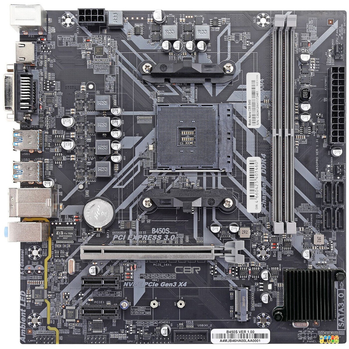 Материнская плата CBR B450, AM4, AMD B450, 2xDDR4, 4xSATA, 1xM.2, 1xPCIe x16, 1xPCIe x1, 1xVGA, 1xHD