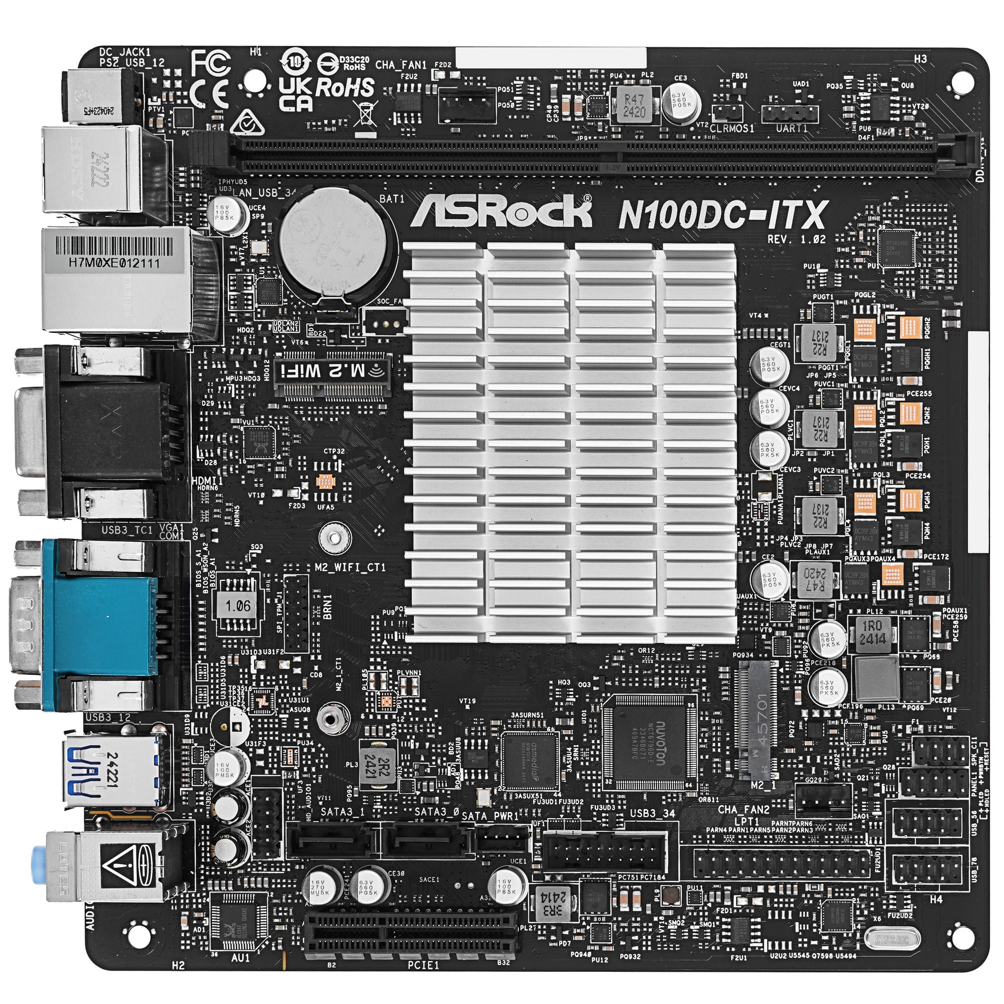 Материнская плата ASRock N100DC-ITX, BGA1264, Intel SoC, 1xDDR4, 2xSATA, 1xM.2, 1xPCIe 3.0 x4, 1xHDM