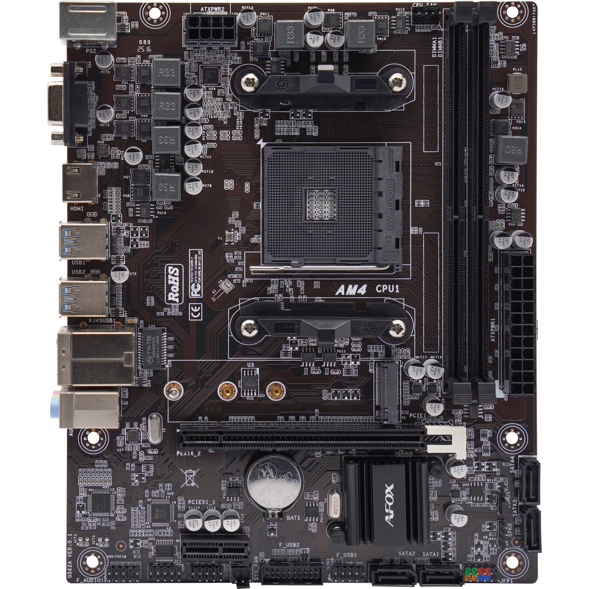 Материнская плата AFOX A520D4-MA2-V2, AM4, AMD A520, 2xDDR4, 4xSATA, 1xM.2, 1xPCIe 3.0 x16, 1xPCIe 3