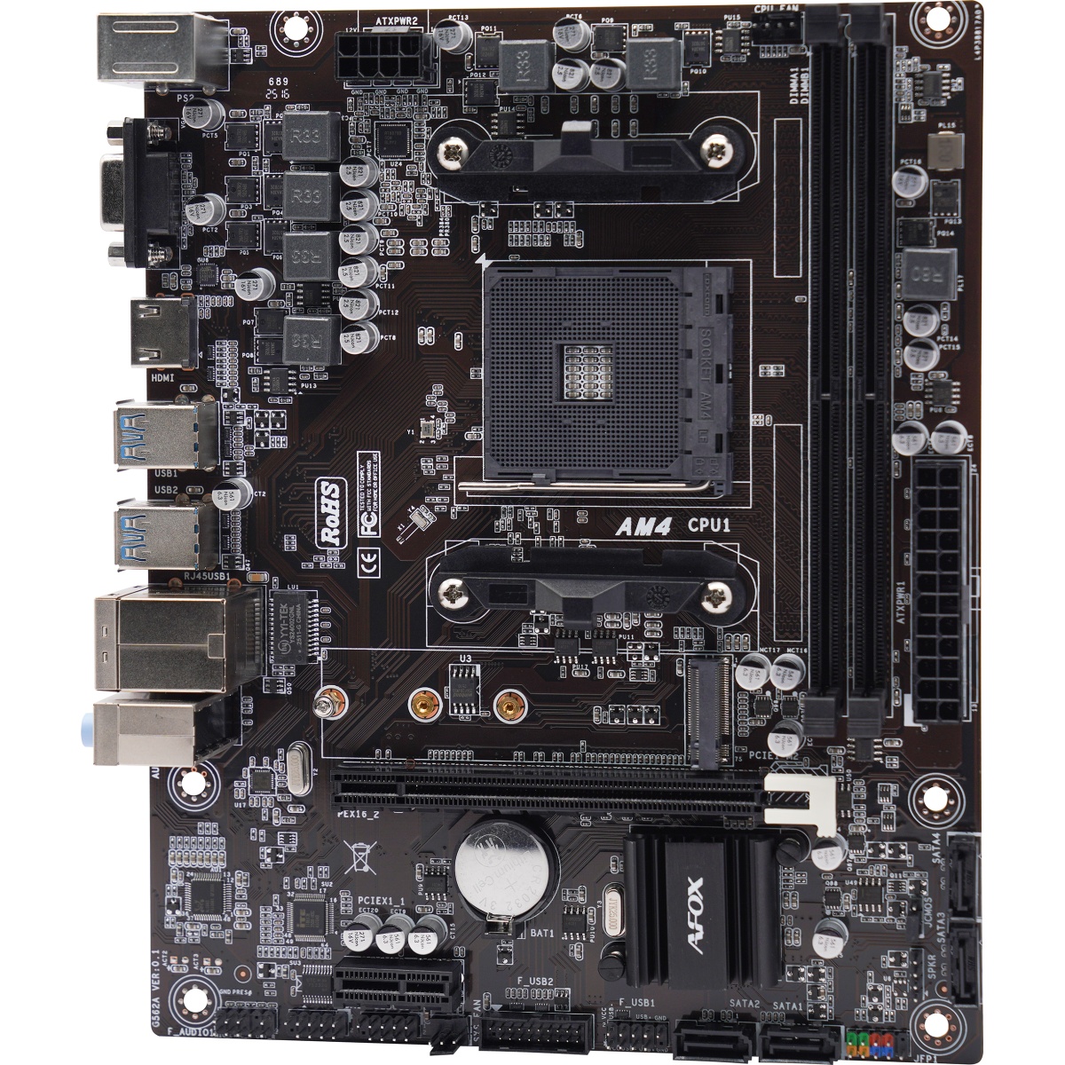 Материнская плата AFOX A520D4-MA2-V2, AM4, AMD A520, 2xDDR4, 4xSATA, 1xM.2, 1xPCIe 3.0 x16, 1xPCIe 3