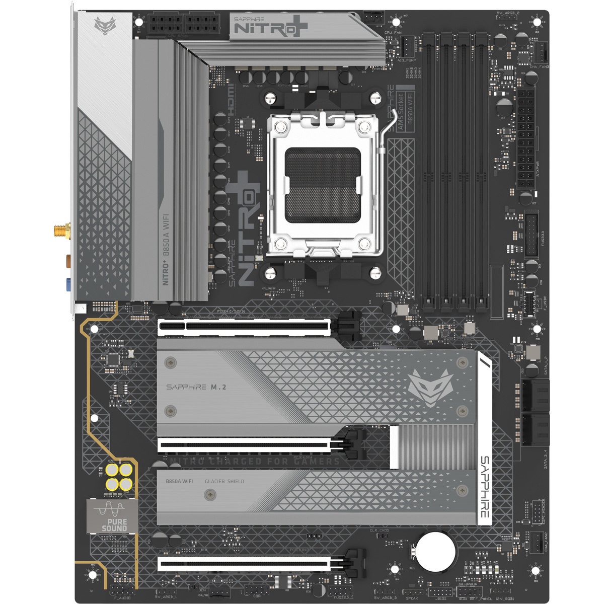 Материнская плата Sapphire B850A NITRO+ WIFI7 B850, AM5, 4*DDR5, 3*PCIEx16, 3*M.2, 2*TypeC, 3*USB3.2