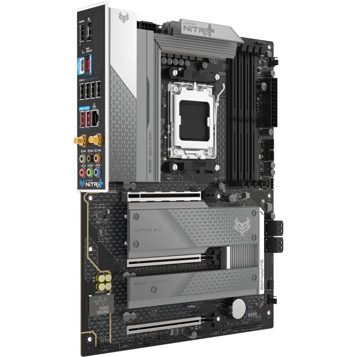 Материнская плата Sapphire B850A NITRO+ WIFI7 B850, AM5, 4*DDR5, 3*PCIEx16, 3*M.2, 2*TypeC, 3*USB3.2