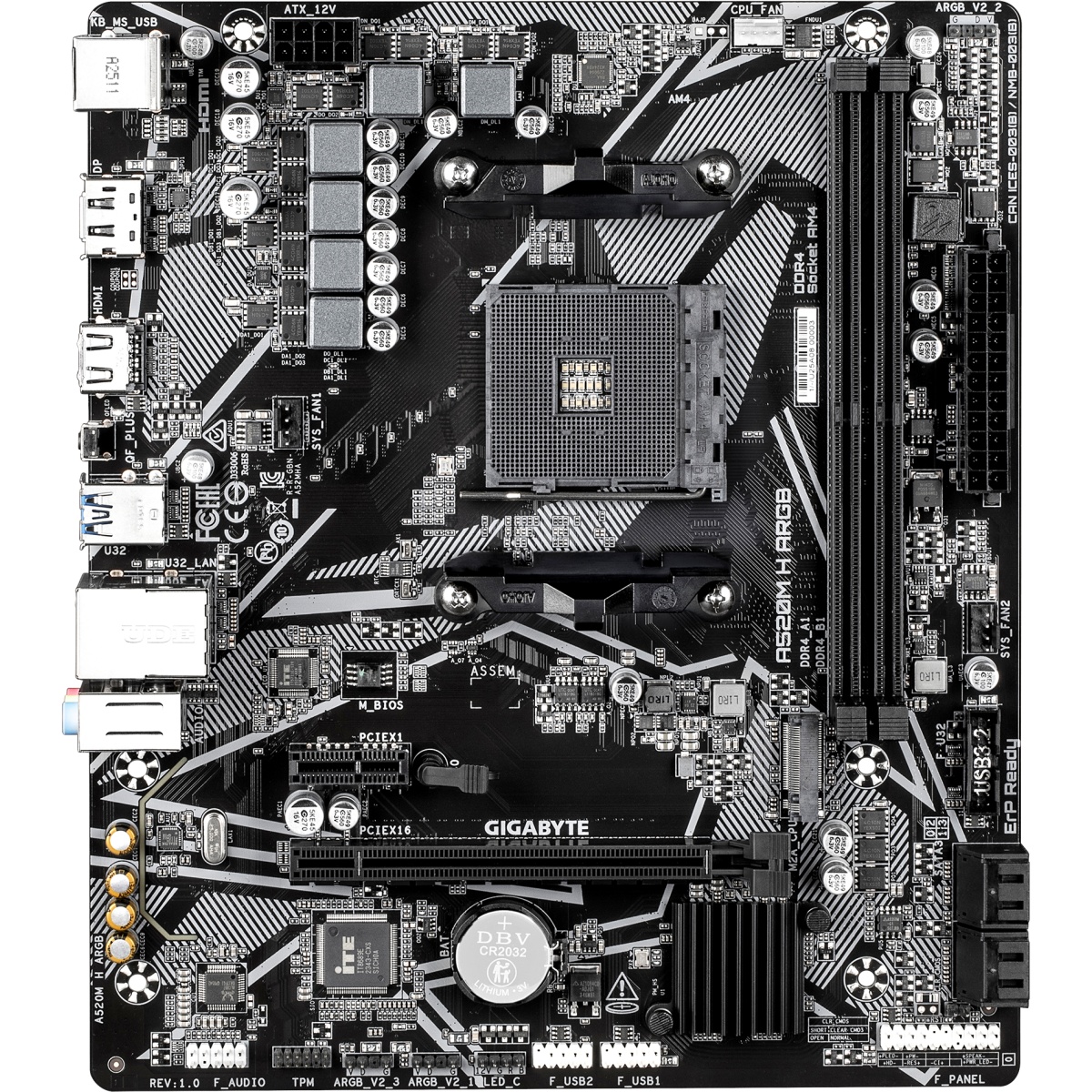 Материнская плата Gigabyte A520M H ARGB A520, AM4, 2*DDR4, 1*PCIEx16, 1*PCIEx1, 1*M.2, 6*USB3.2Gen1,