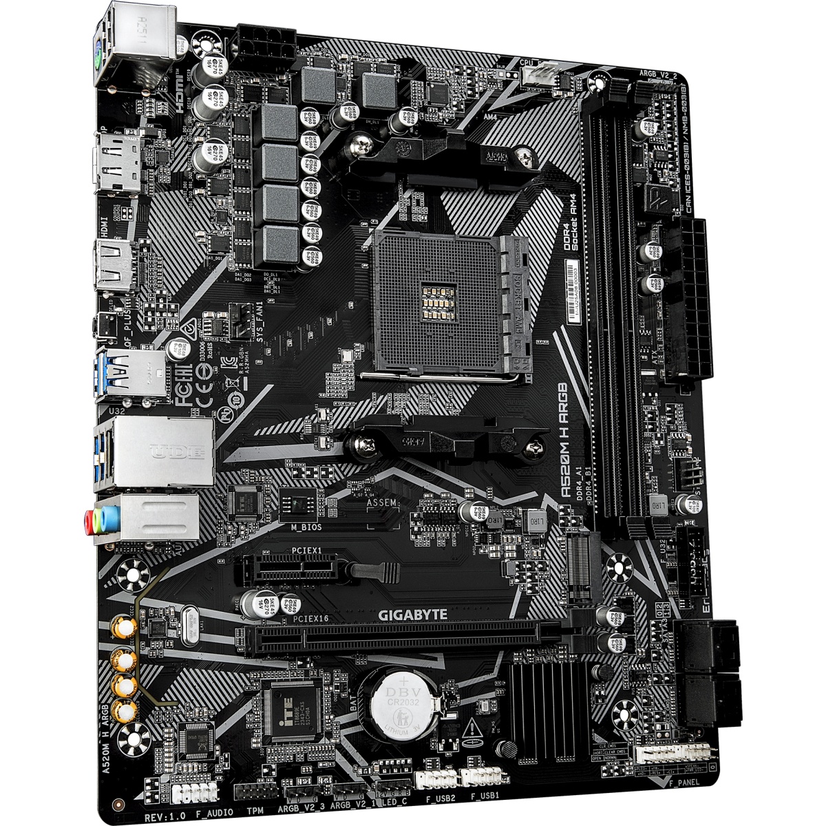 Материнская плата Gigabyte A520M H ARGB A520, AM4, 2*DDR4, 1*PCIEx16, 1*PCIEx1, 1*M.2, 6*USB3.2Gen1,