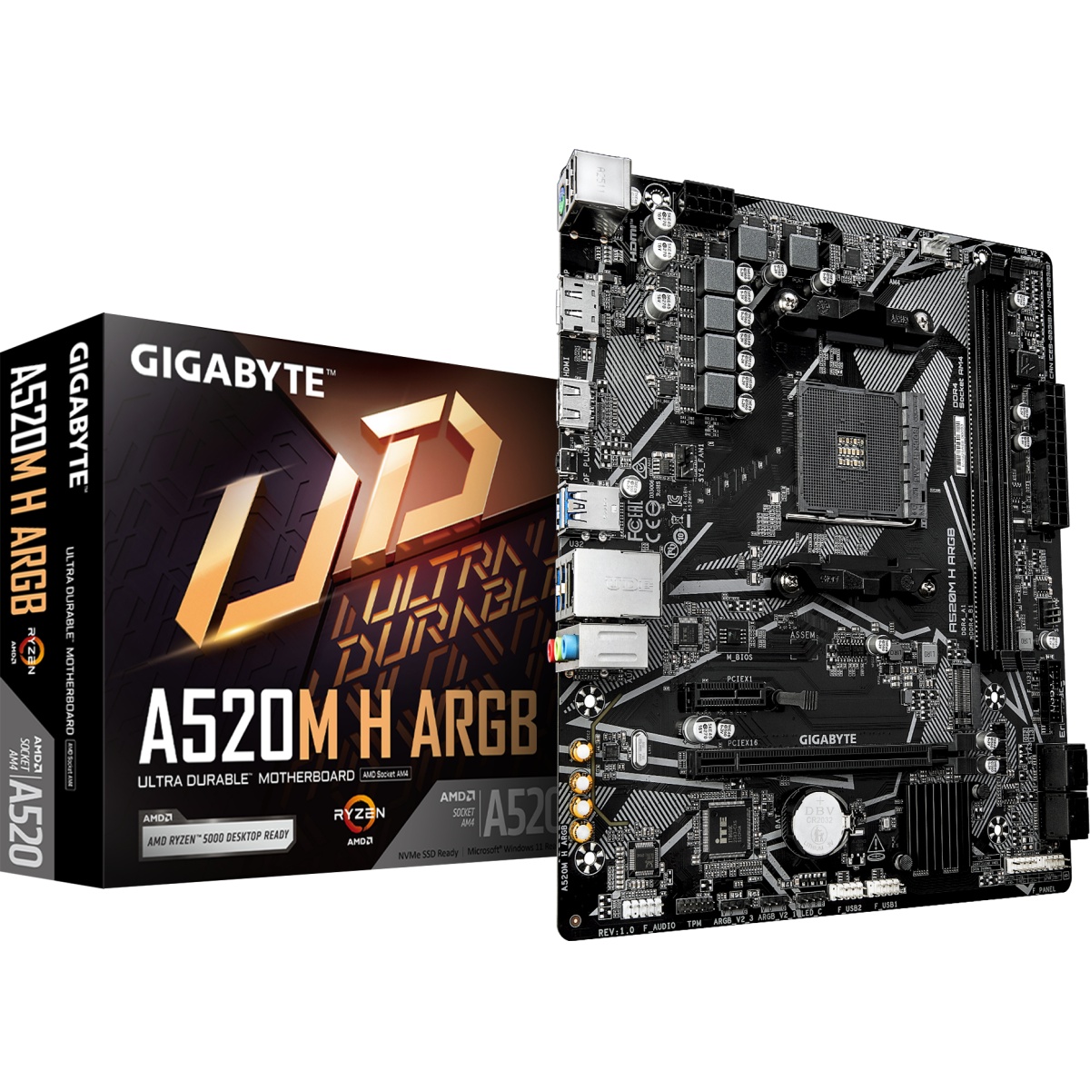 Материнская плата Gigabyte A520M H ARGB A520, AM4, 2*DDR4, 1*PCIEx16, 1*PCIEx1, 1*M.2, 6*USB3.2Gen1,