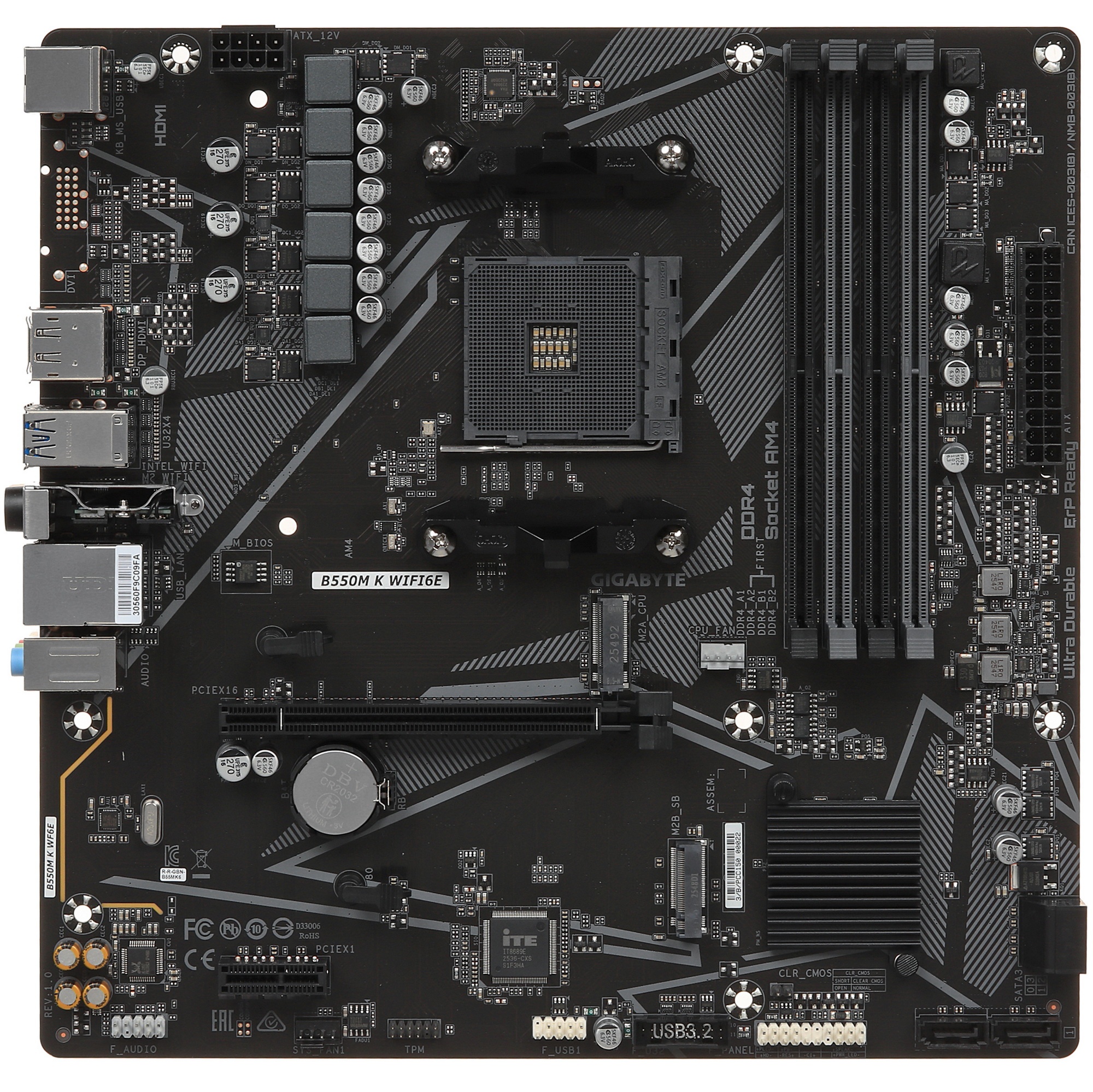Материнская плата Gigabyte B550M K WF6E B550, AM5, 4xDDR4, 1*PCI-Ex16,2*M.2, 6*USB3.2Gen1, 6*USB2.0,