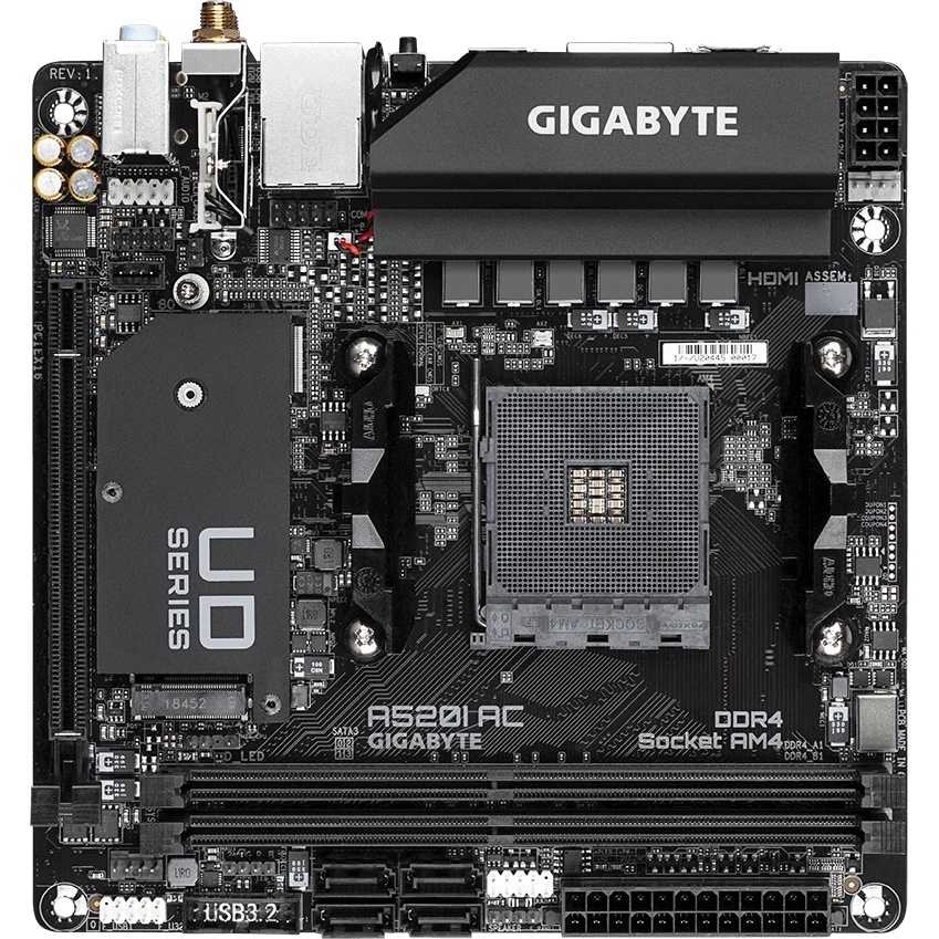 Материнская плата Gigabyte A520I AC AM4, AMD A520, 2xDDR4-3200 МГц, 1xPCI-Ex16, 1xM.2, Mini-ITX