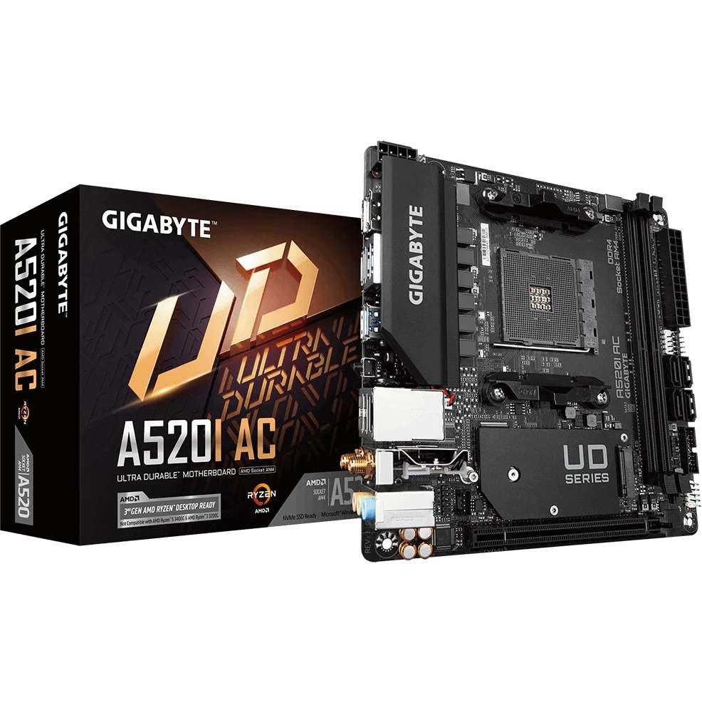 Материнская плата Gigabyte A520I AC AM4, AMD A520, 2xDDR4-3200 МГц, 1xPCI-Ex16, 1xM.2, Mini-ITX