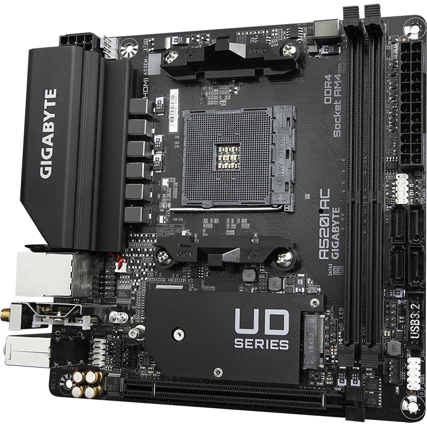Материнская плата Gigabyte A520I AC AM4, AMD A520, 2xDDR4-3200 МГц, 1xPCI-Ex16, 1xM.2, Mini-ITX