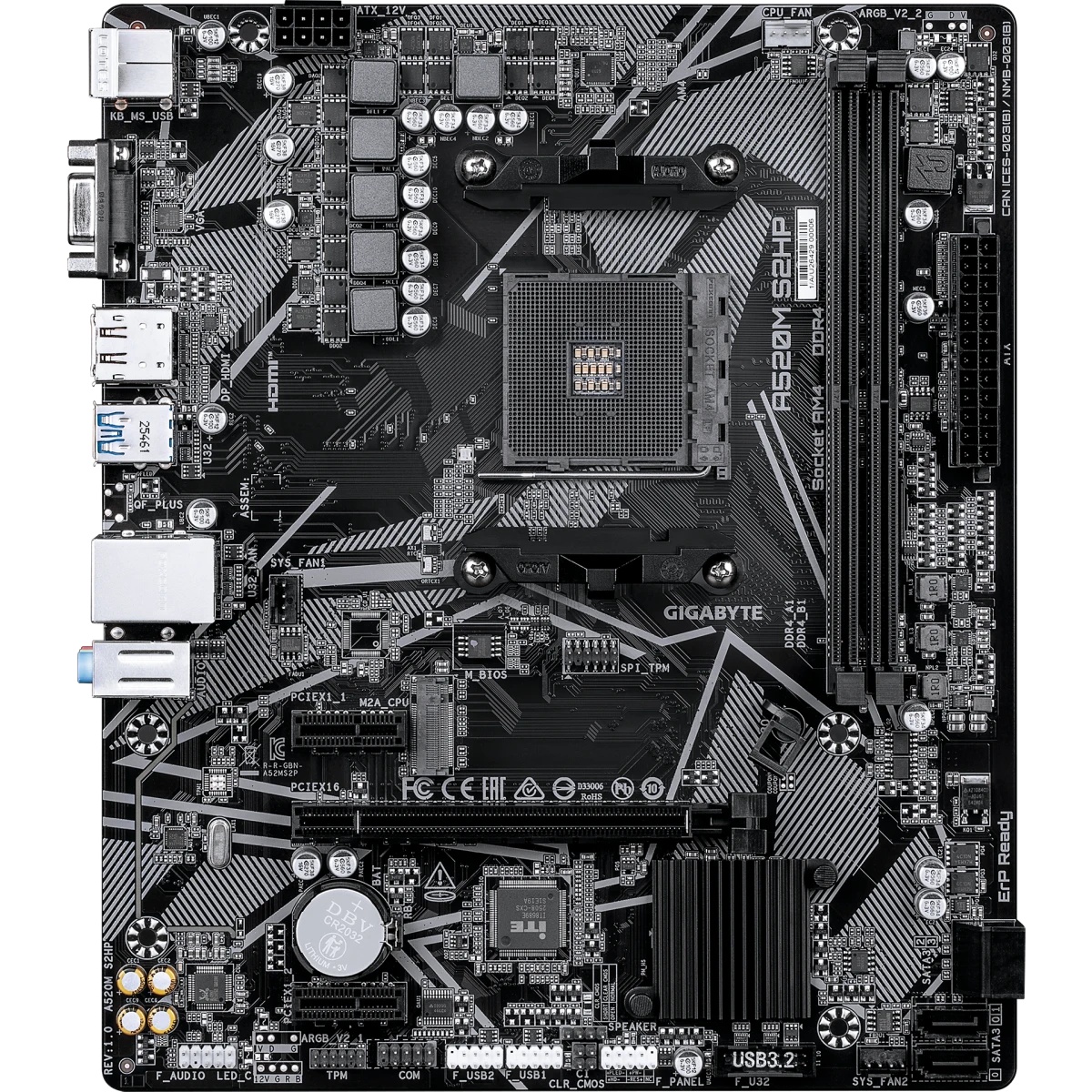 Материнская плата Gigabyte A520M S2HP A520, AM4, 2*DDR4, 1*PCIEx16, 2*PCIEx1, 1*M.2, 6*USB3.2Gen1, 8