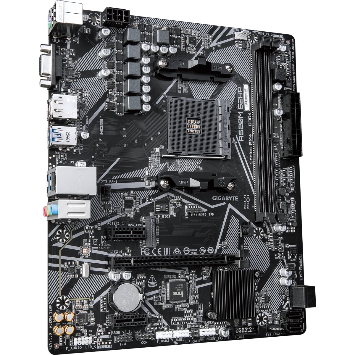 Материнская плата Gigabyte A520M S2HP A520, AM4, 2*DDR4, 1*PCIEx16, 2*PCIEx1, 1*M.2, 6*USB3.2Gen1, 8