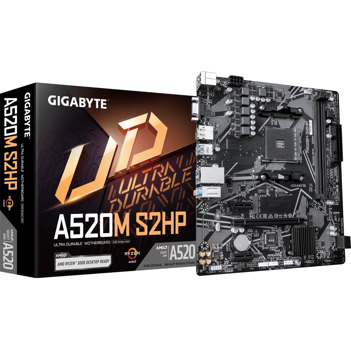 Материнская плата Gigabyte A520M S2HP A520, AM4, 2*DDR4, 1*PCIEx16, 2*PCIEx1, 1*M.2, 6*USB3.2Gen1, 8