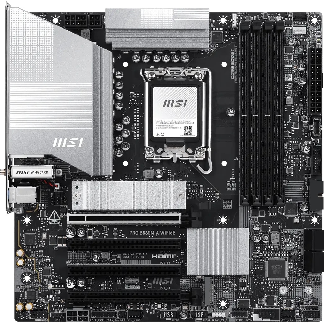 Материнская плата MSI PRO B860M-A WIFI6E B860, LGA1851, 4*DDR5, 4*PCIEx16, 3*M.2, 2*TypeC, 1*USB3.2G