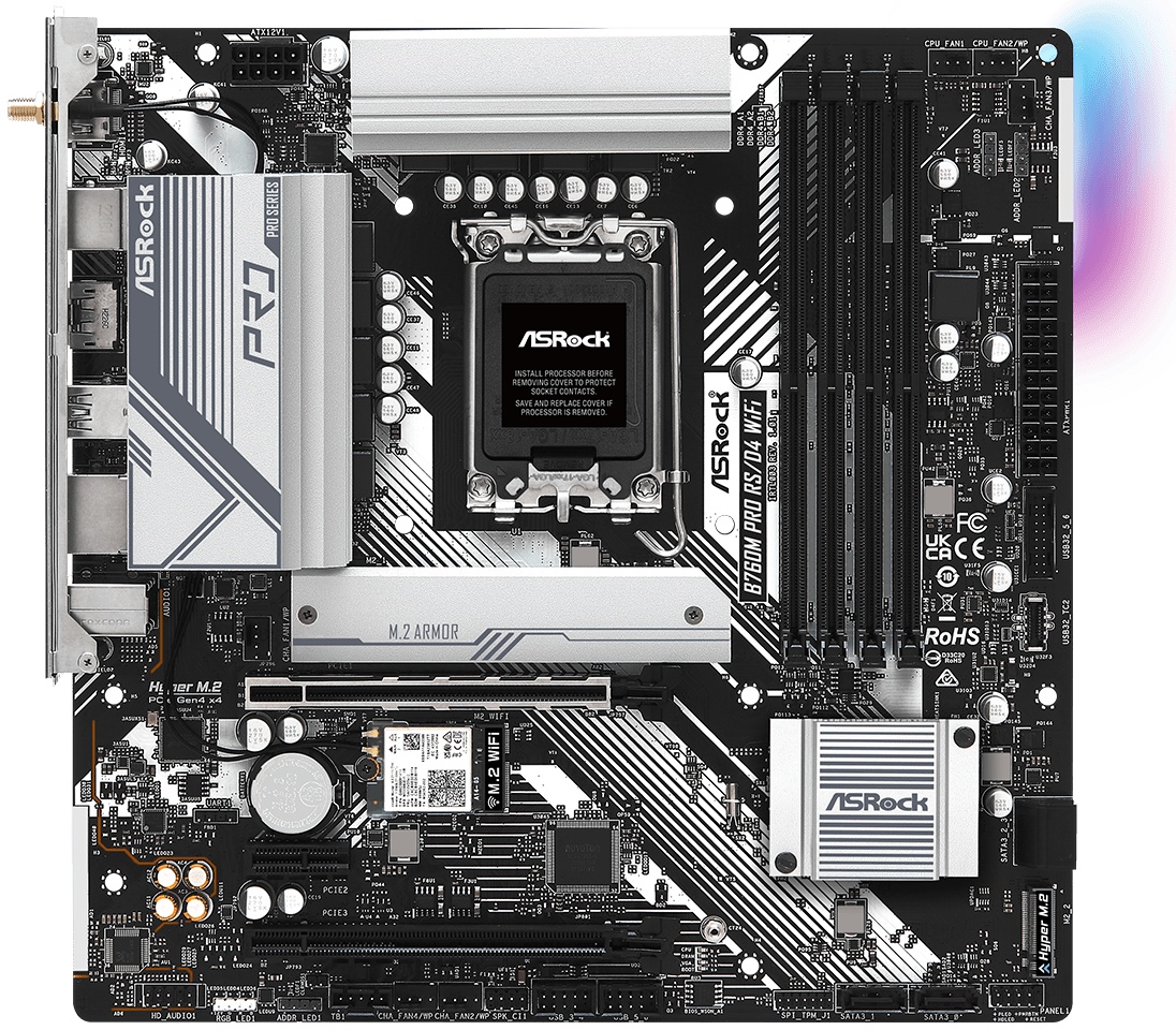Материнская плата ASRock B760M Pro RS/D4 WiFi, LGA 1700, Intel B760, 4xDDR4, 4xSATA, 2xM.2, 1xPCIe 4